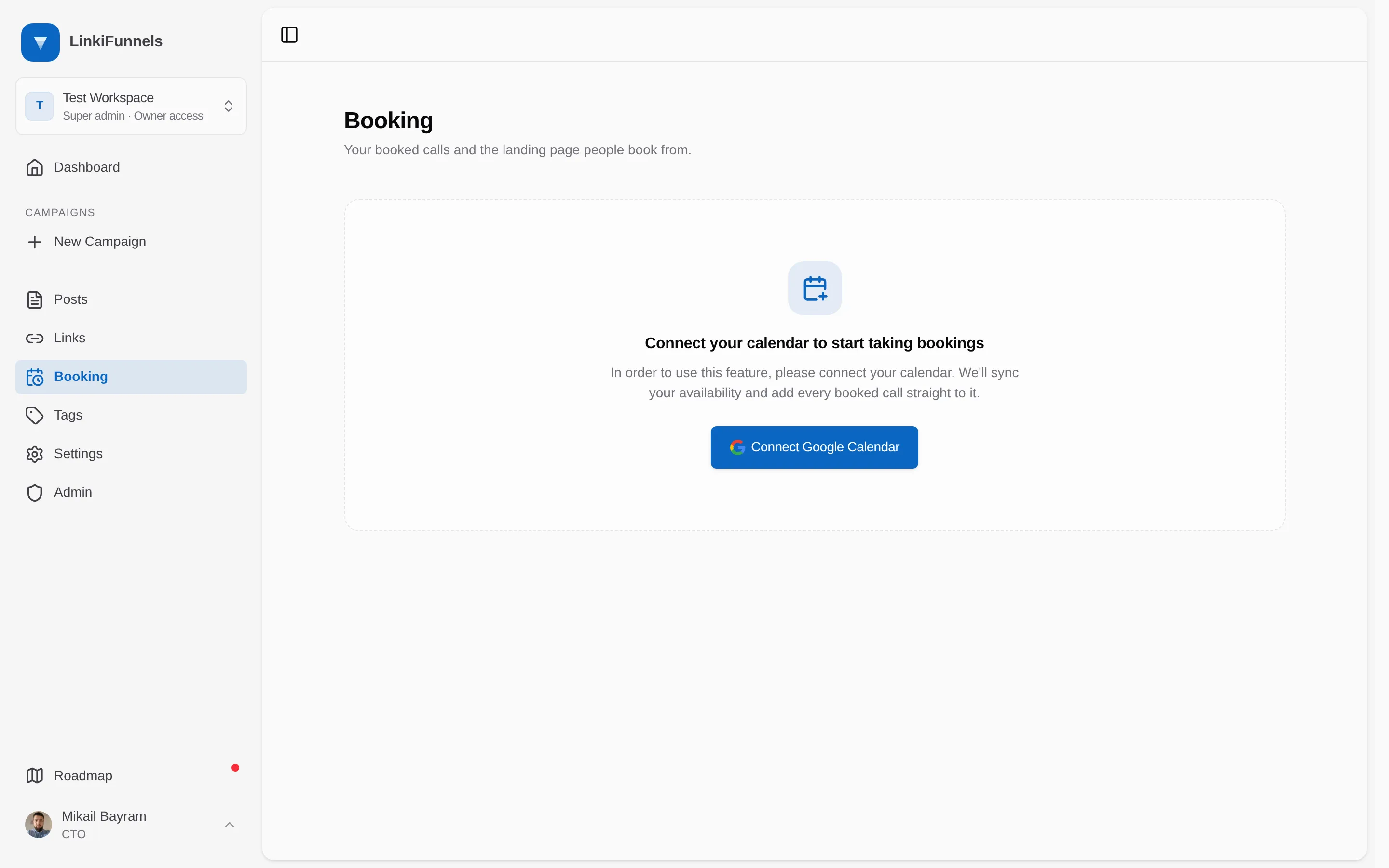 The Booking page before a calendar is connected, with the Connect Google Calendar button marked