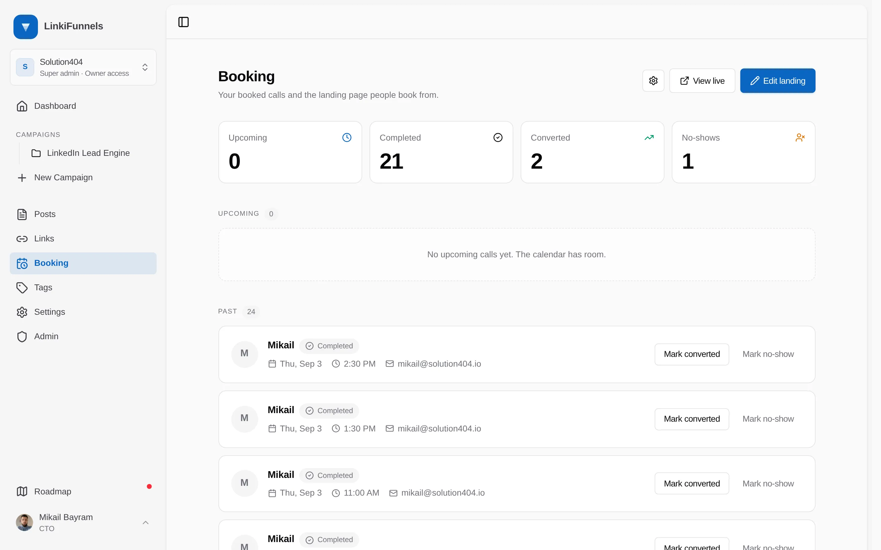 The Booking page with past calls and the Mark converted and Mark no-show actions marked