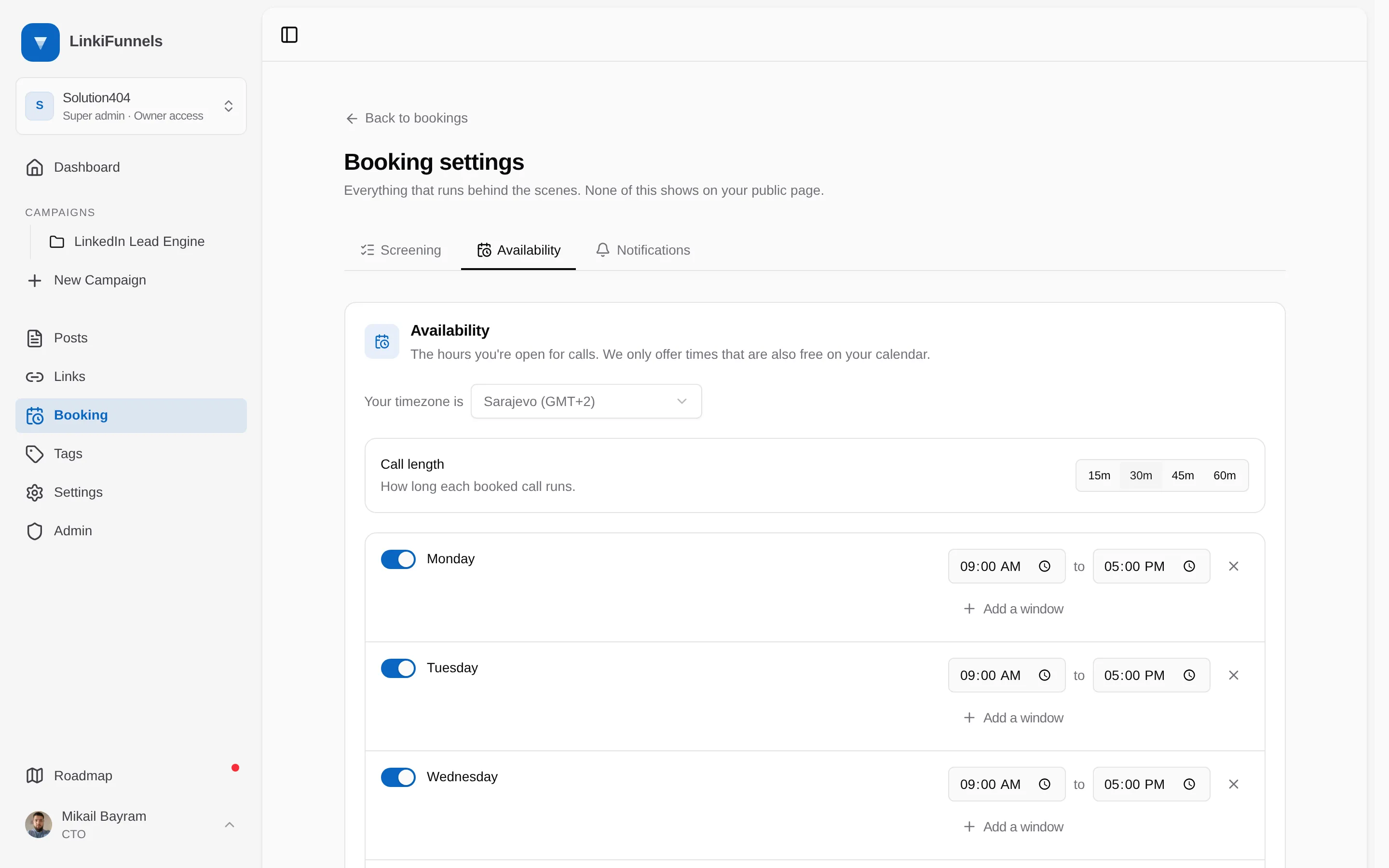 Booking settings on the Availability tab with the tab and the call length setting marked