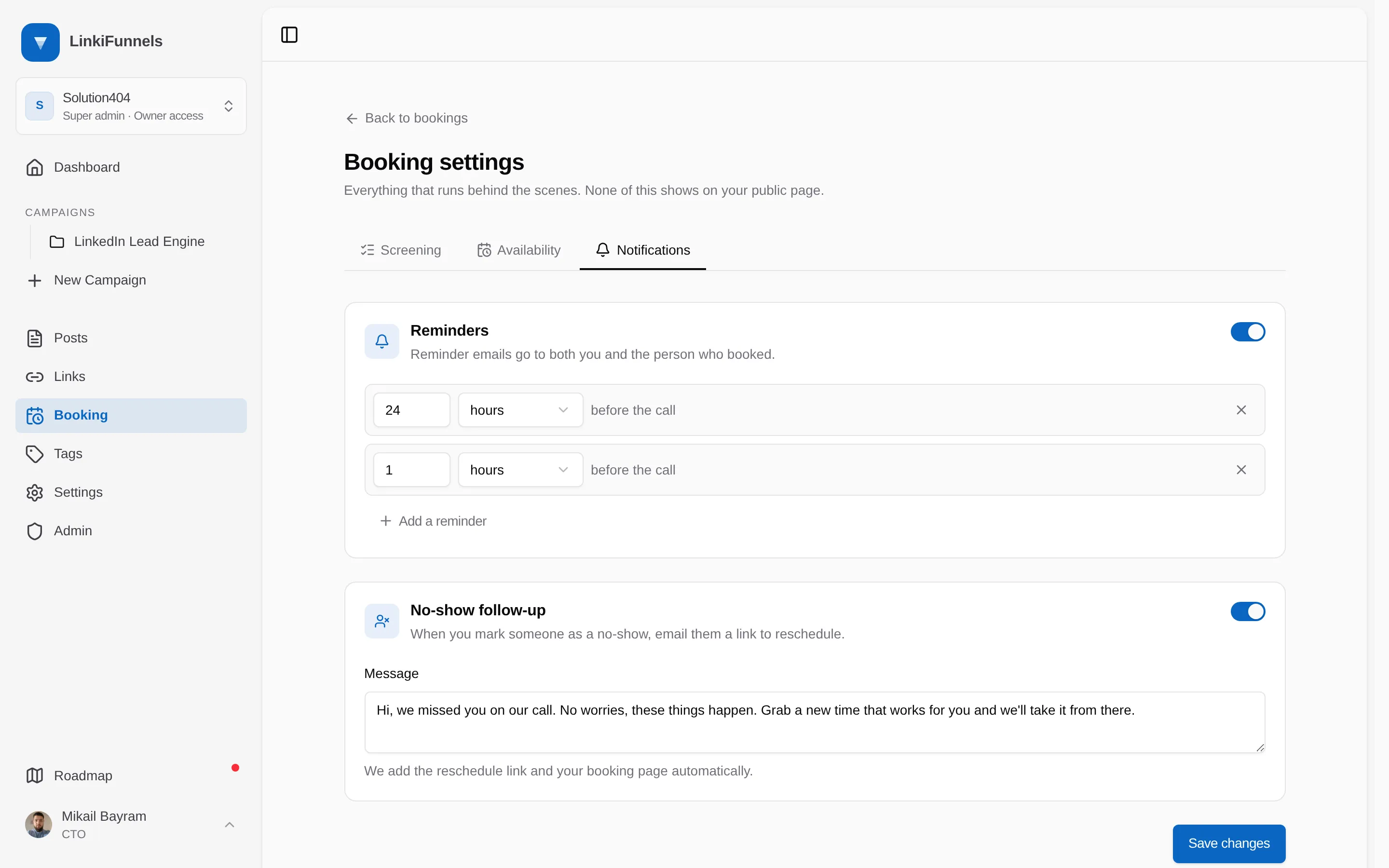 Booking settings on the Notifications tab with the Add a reminder button marked