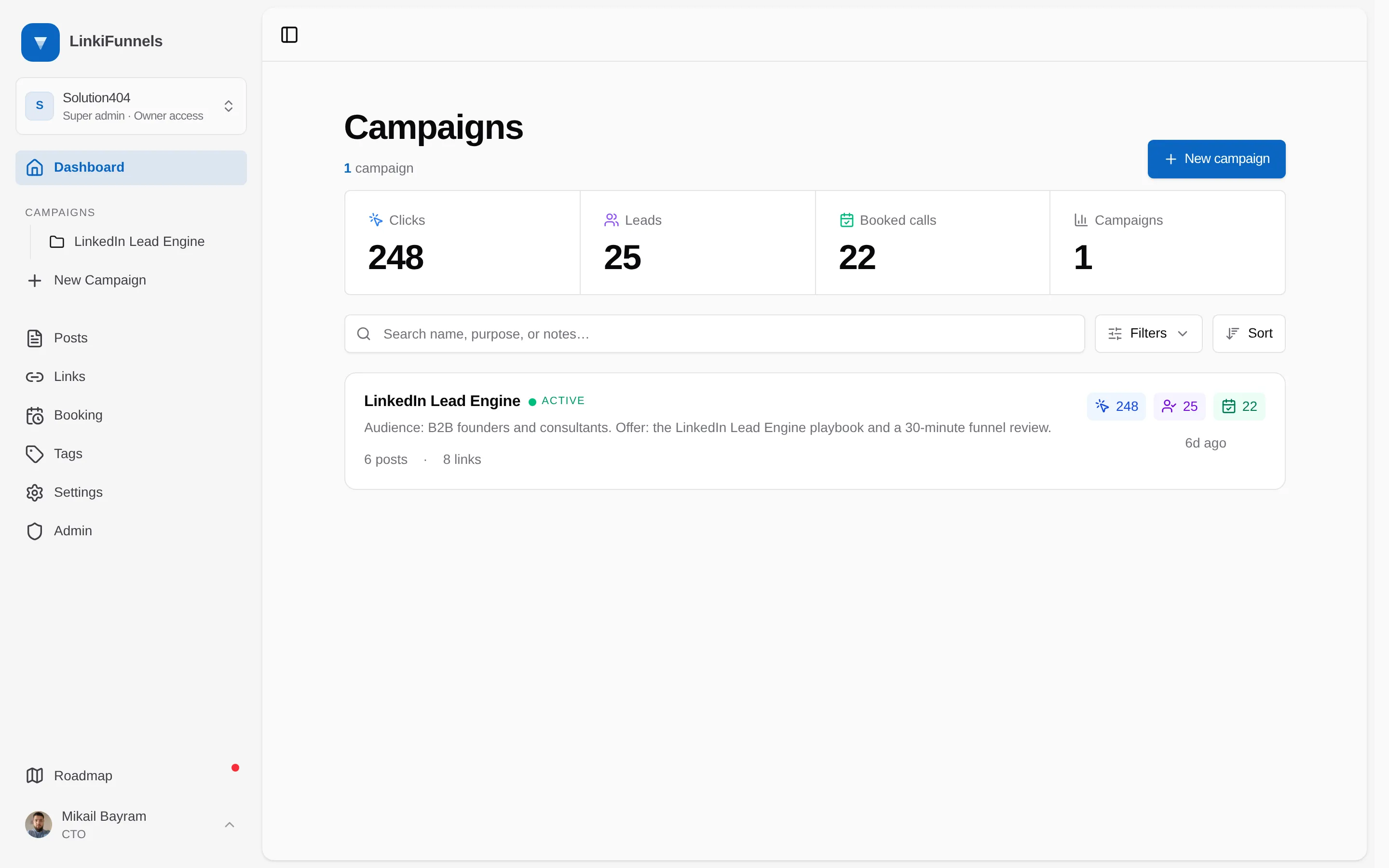 The Campaigns page with the status filter marked