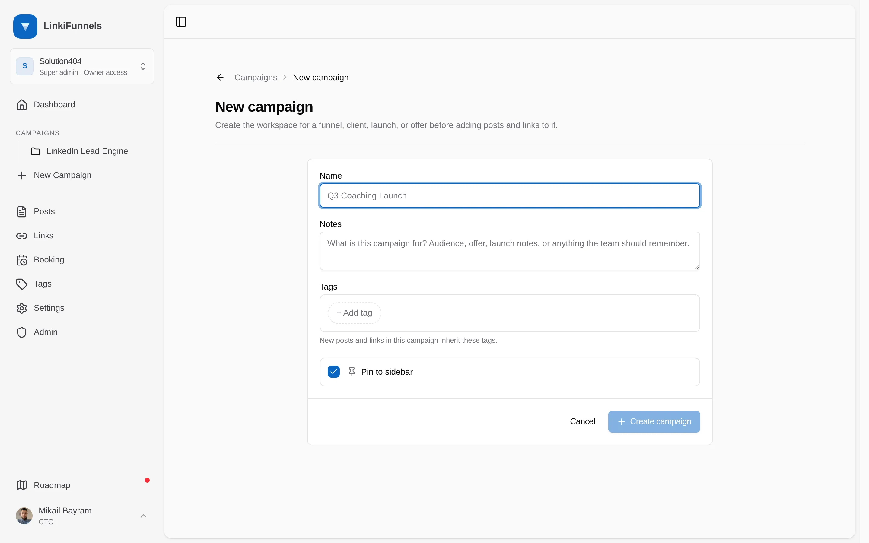 The New campaign form with the name field and the Create campaign button marked