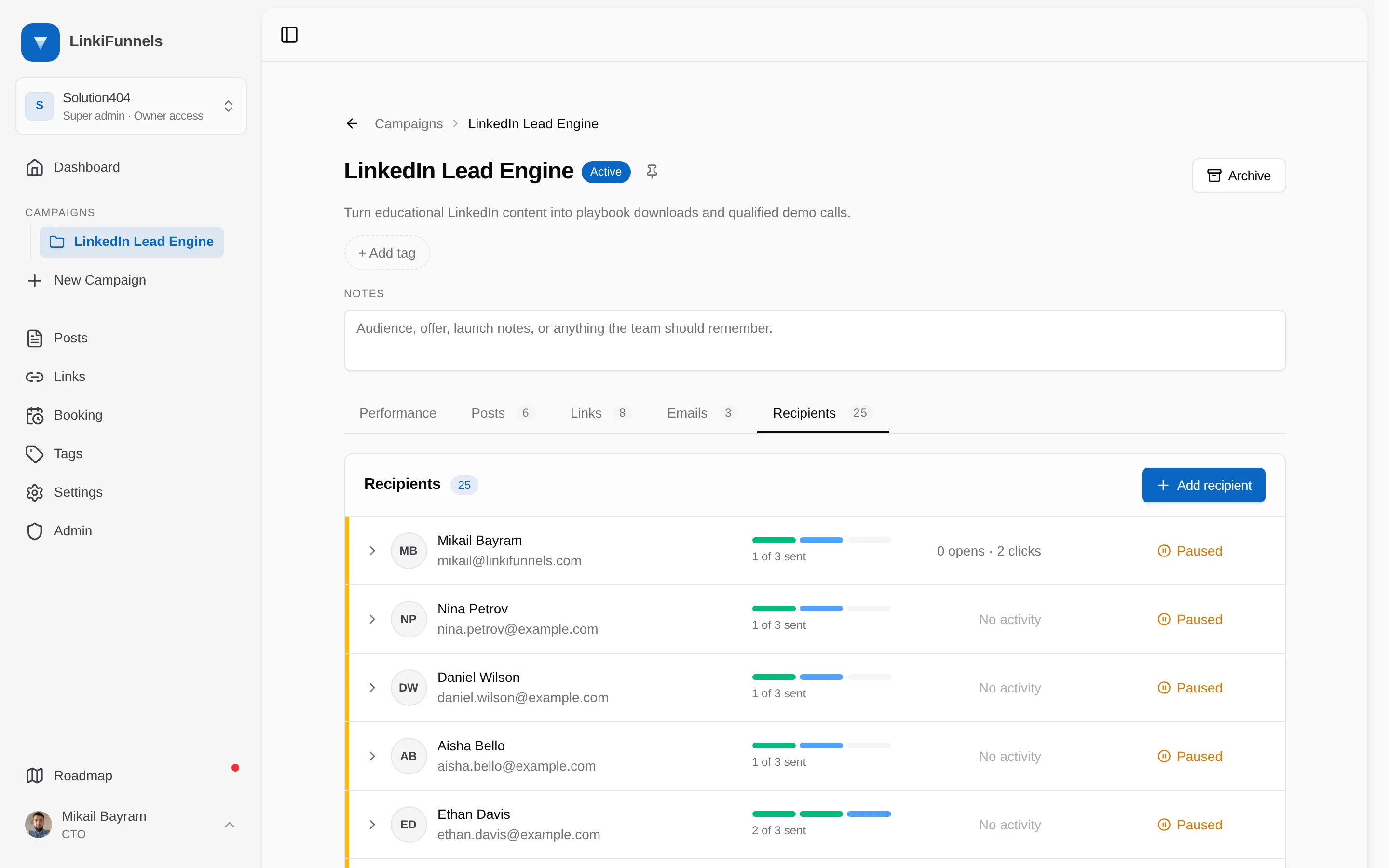 The campaign Recipients tab listing enrolled leads and their step
