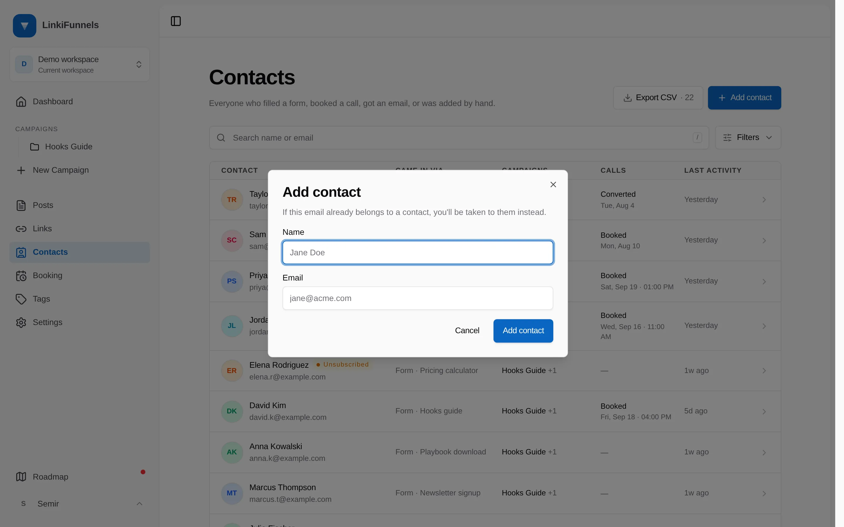 The Add contact dialog with name and email fields