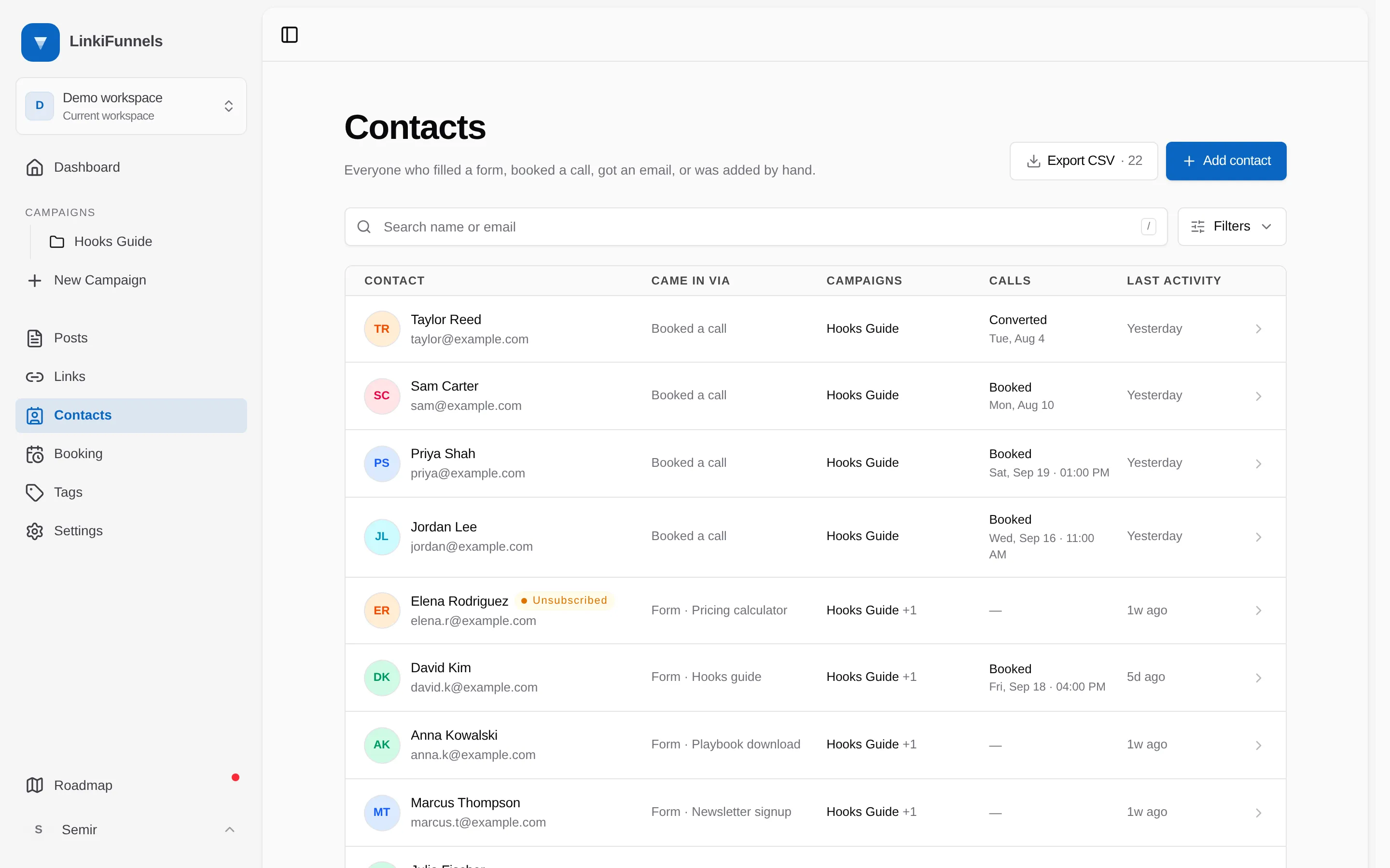 The Export CSV item in the Contacts menu showing the filtered contact count