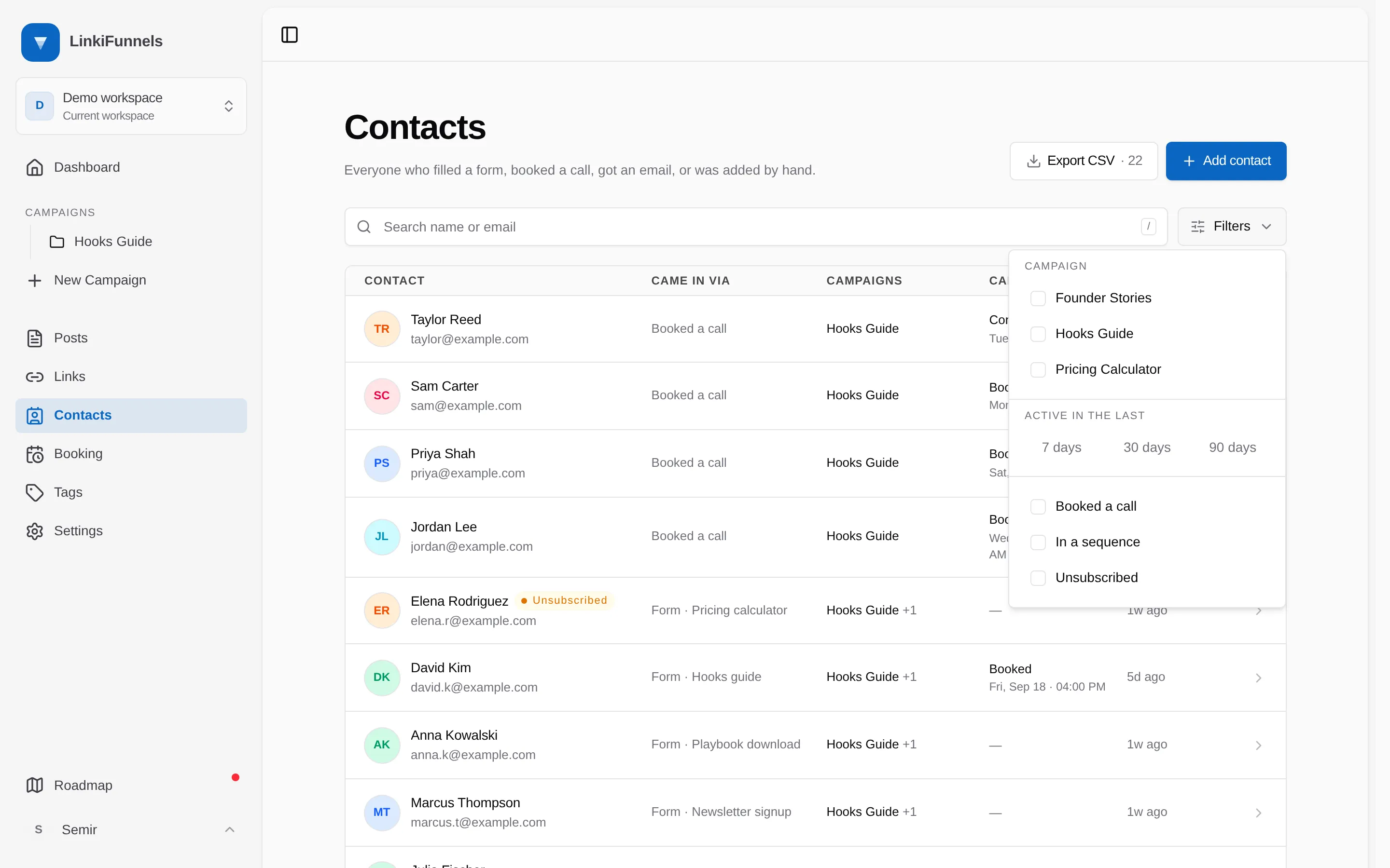 The Filters panel open with its campaign, activity and checkbox sections