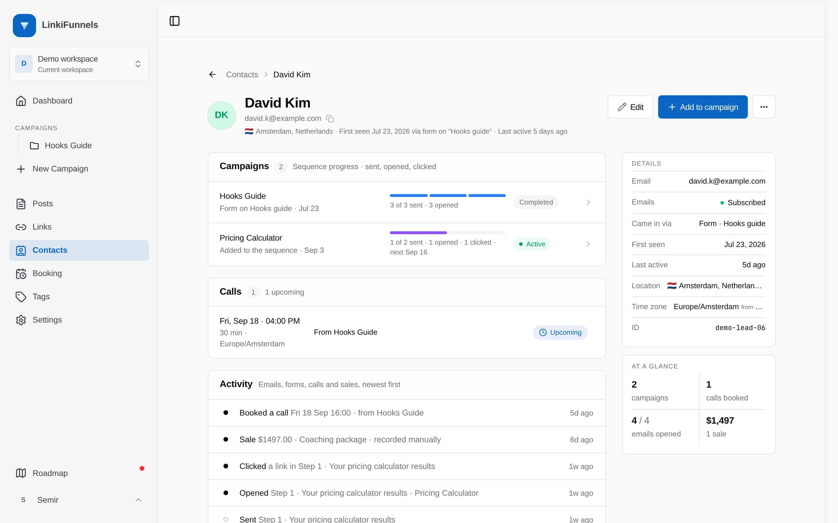 A contact page with the Campaigns, Calls and Activity sheets and the details rail