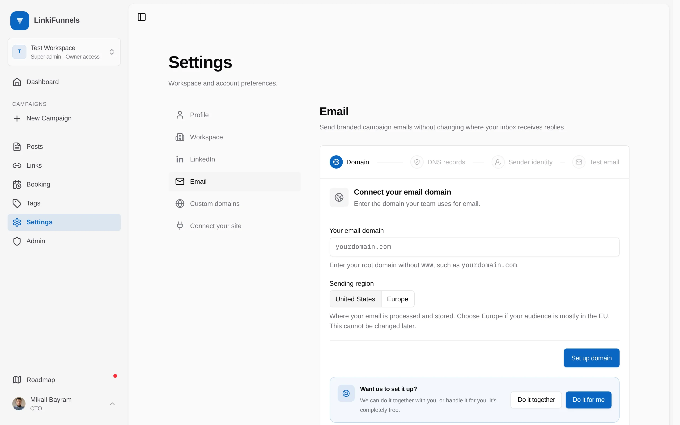 The Email settings Domain step with the domain field and the Set up domain button marked