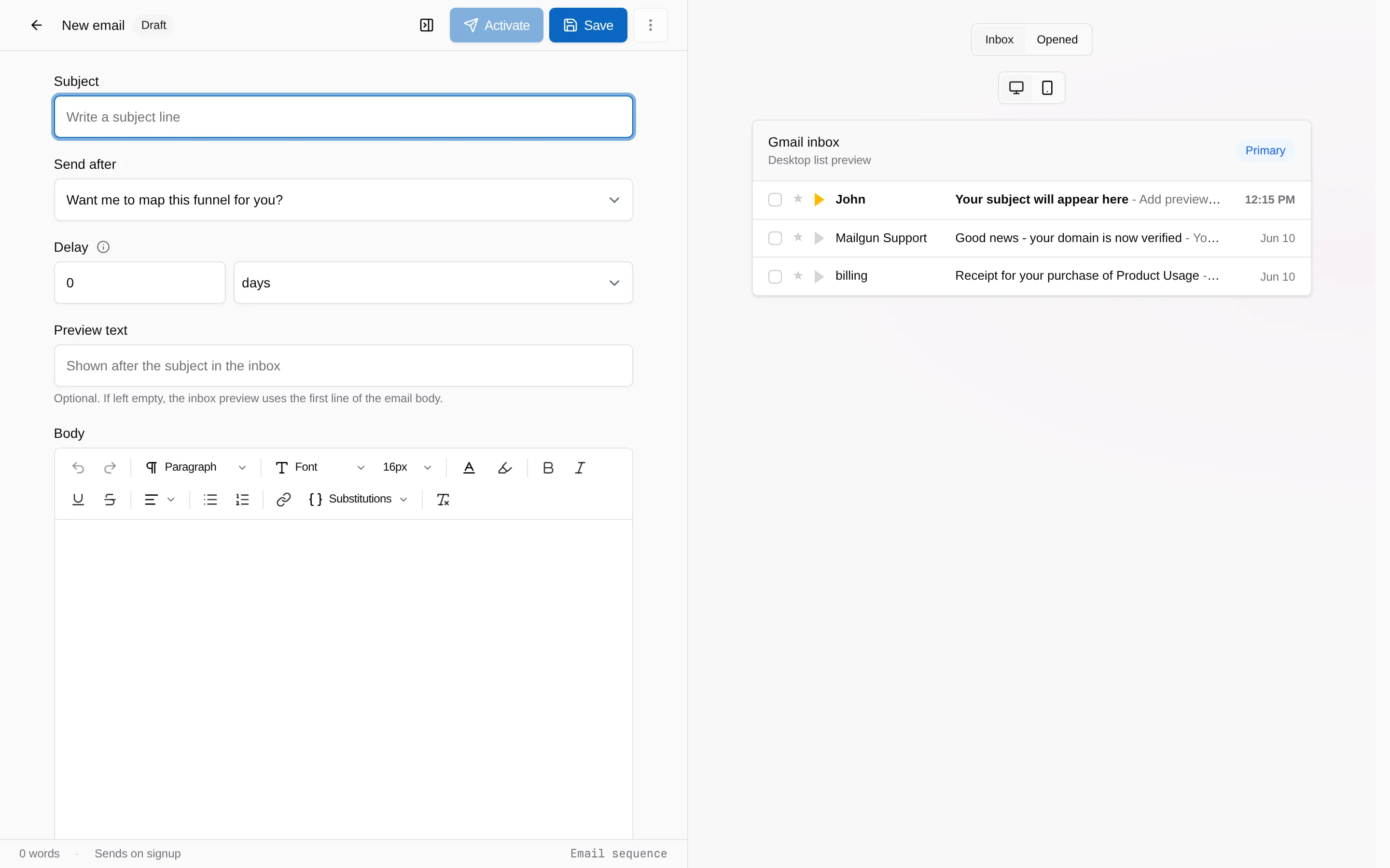 The email editor with the subject field and the delay control marked