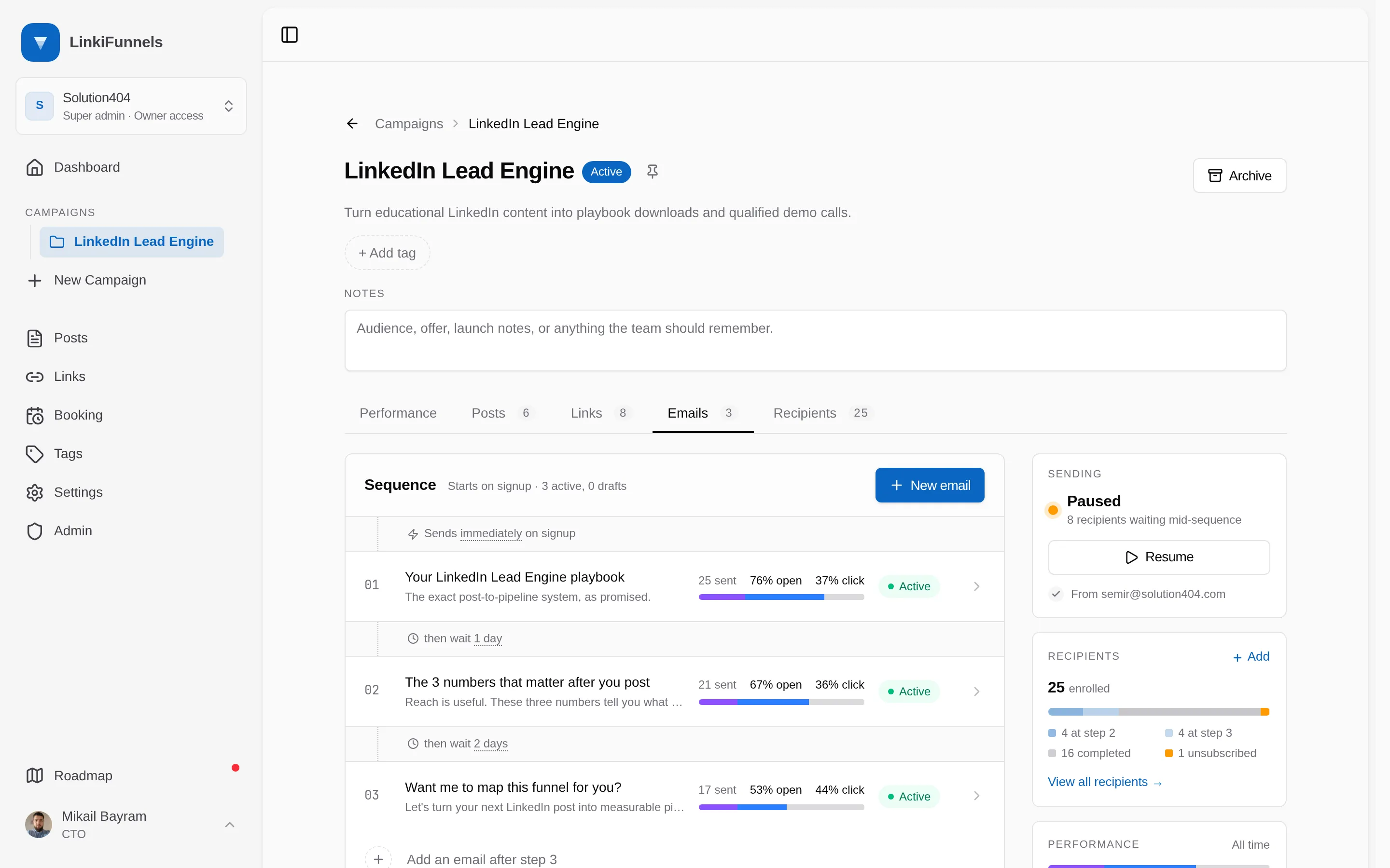 The campaign Emails tab with an email's Active pill and the sequence control marked