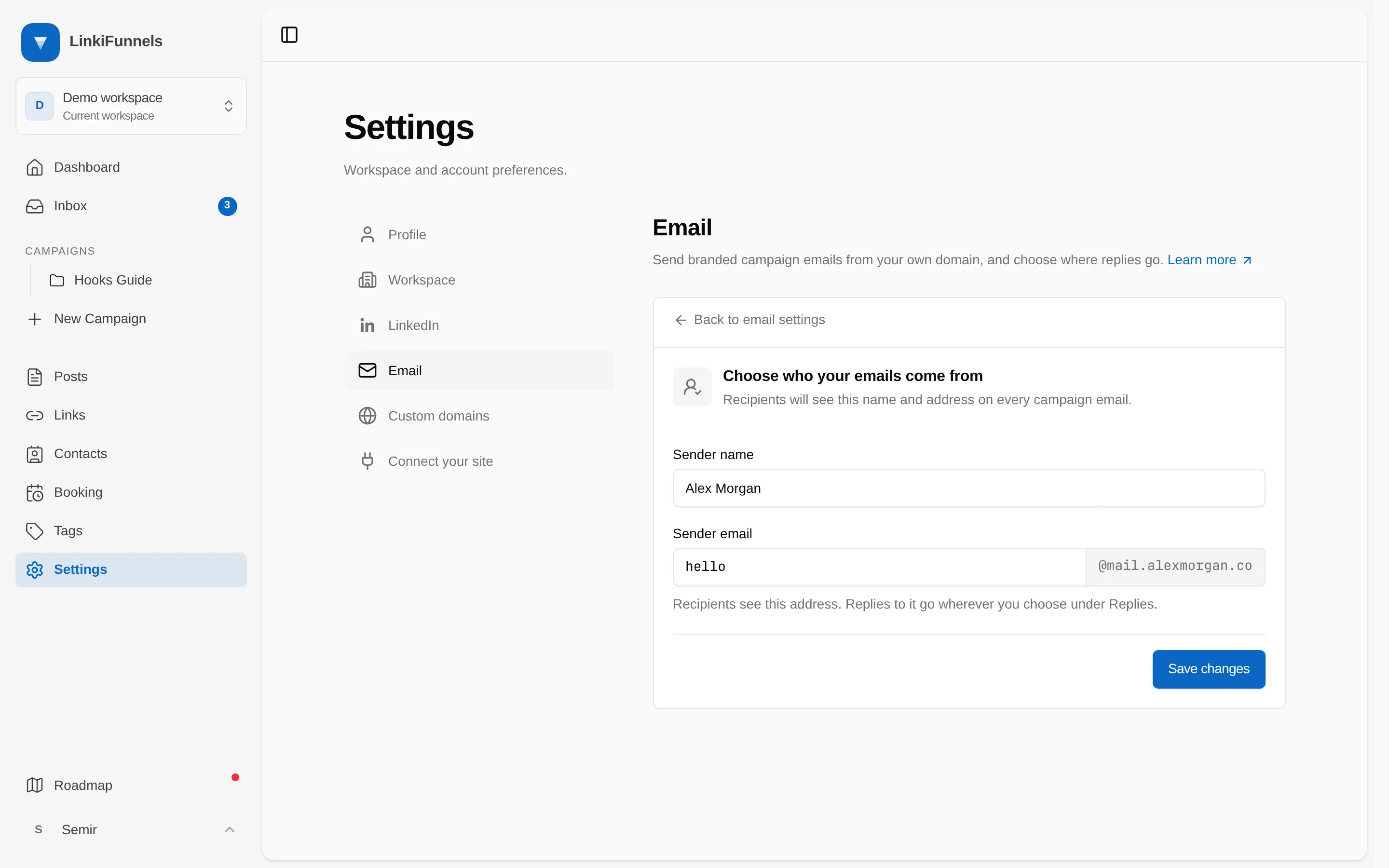 The Sender and replies step with the sender name and sender email fields marked
