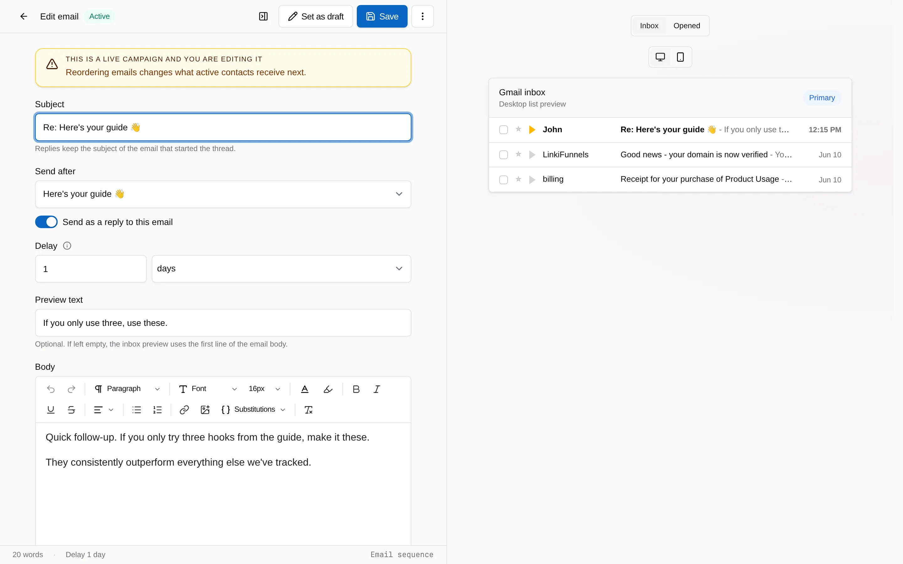 The email editor with the Send as a reply to this email switch on under Send after, and the subject locked to Re: plus the first email's subject, marked