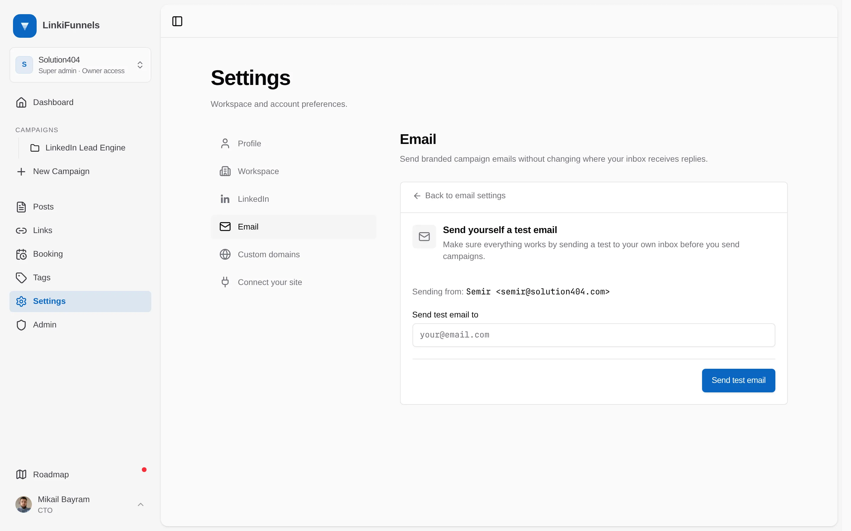 The Test email step with the address field and the Send test email button marked