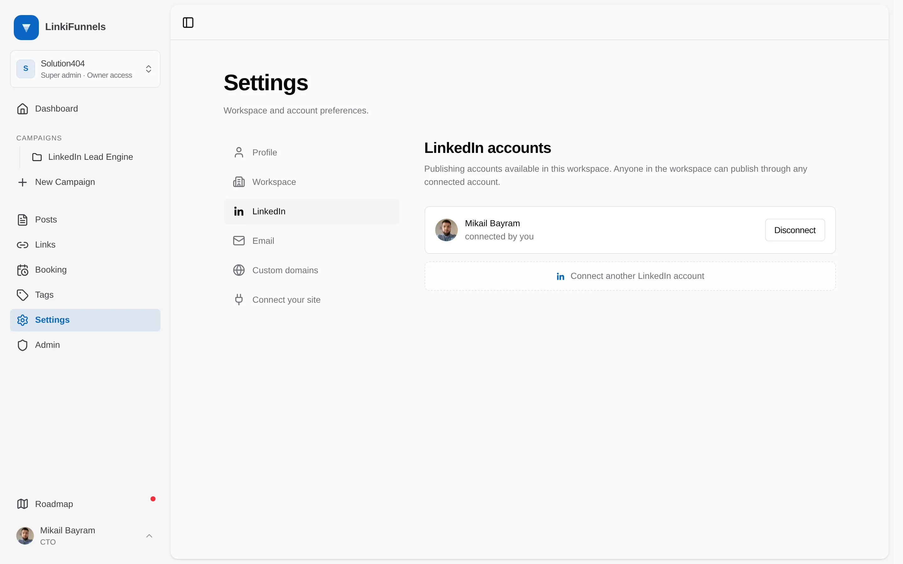 Settings, LinkedIn accounts, with the empty state and the connect button