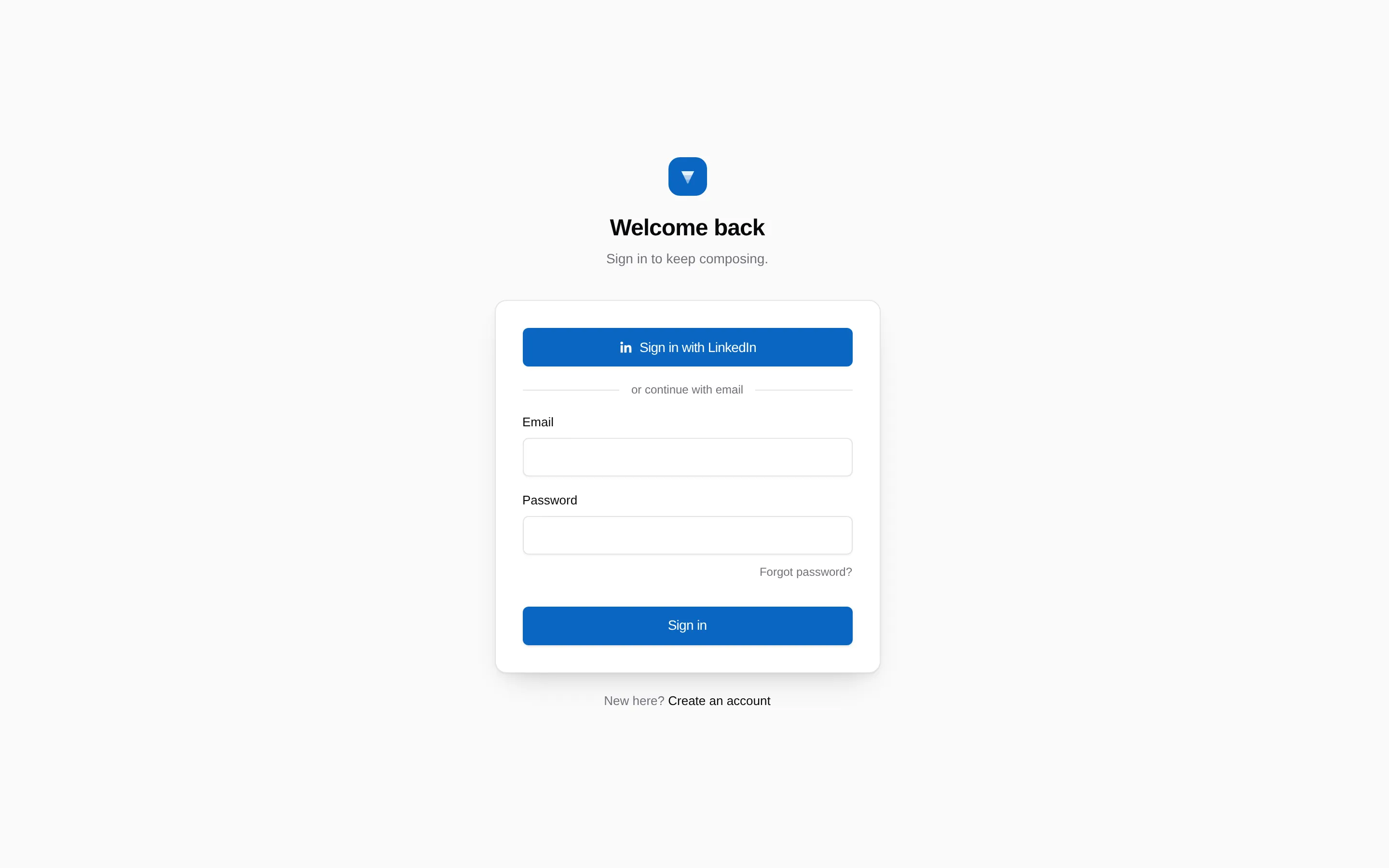 The sign in page with the Continue with LinkedIn button and the email form