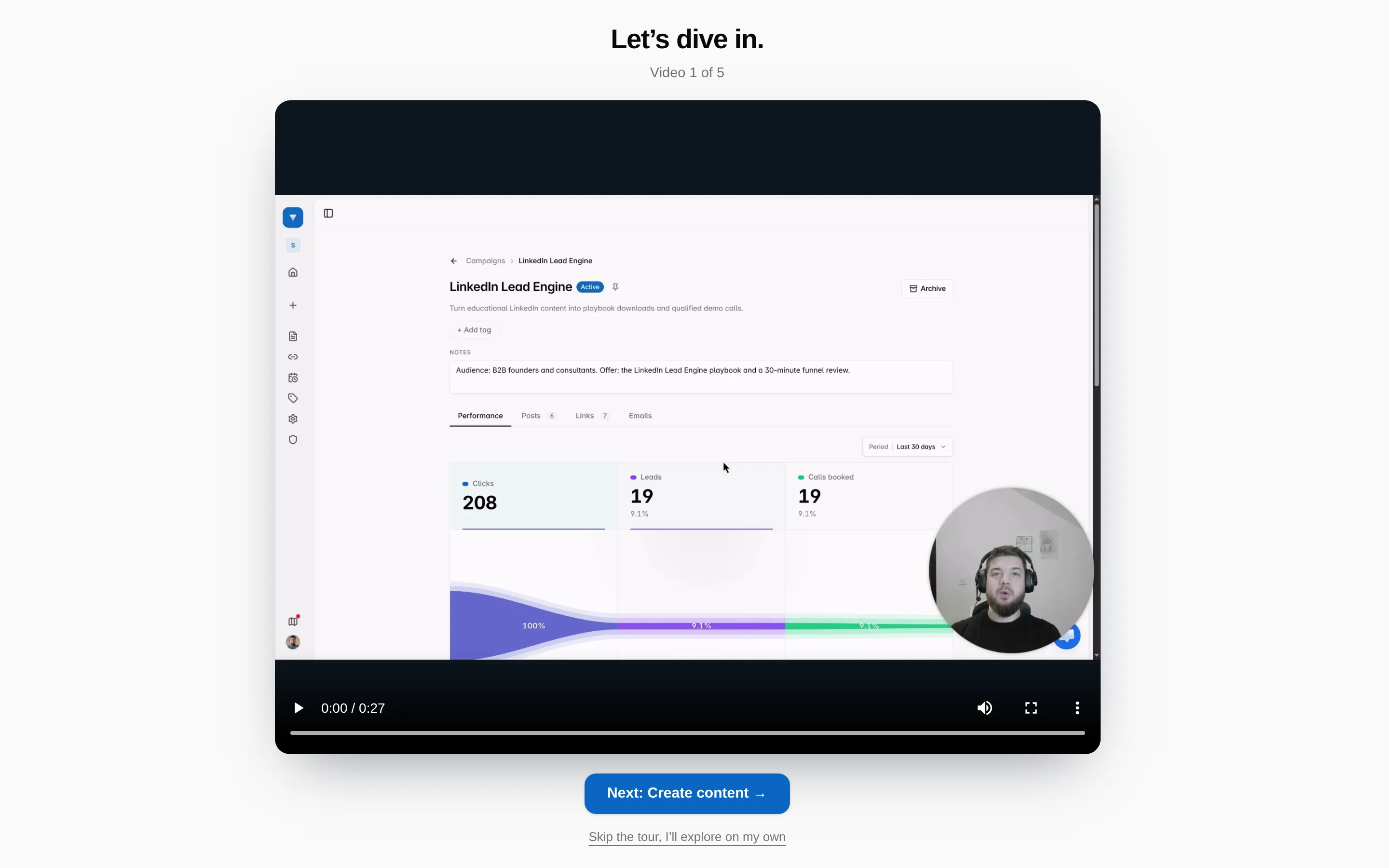 The onboarding tour showing video 1 of 5
