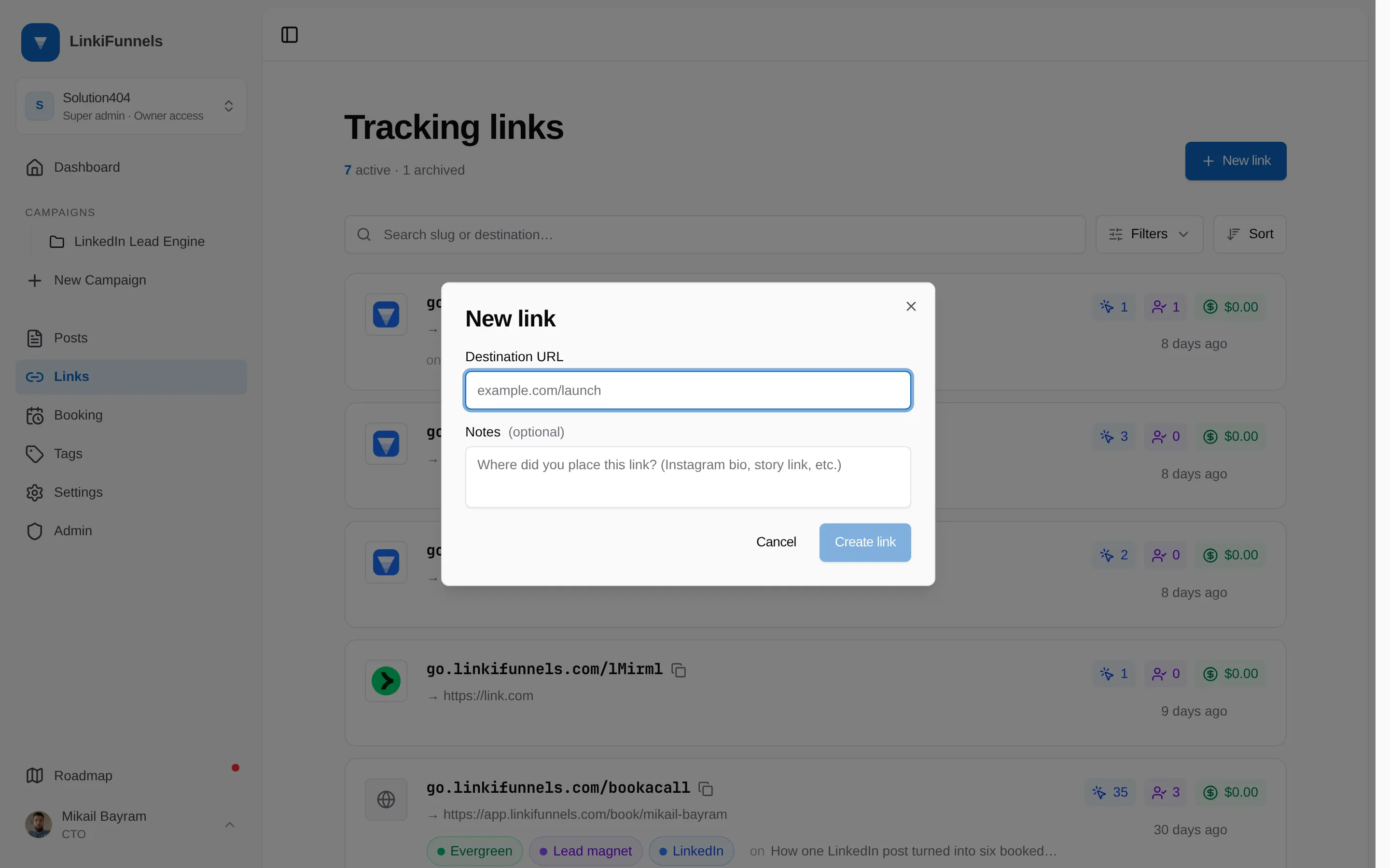 The New link dialog with the destination field and the Create link button marked