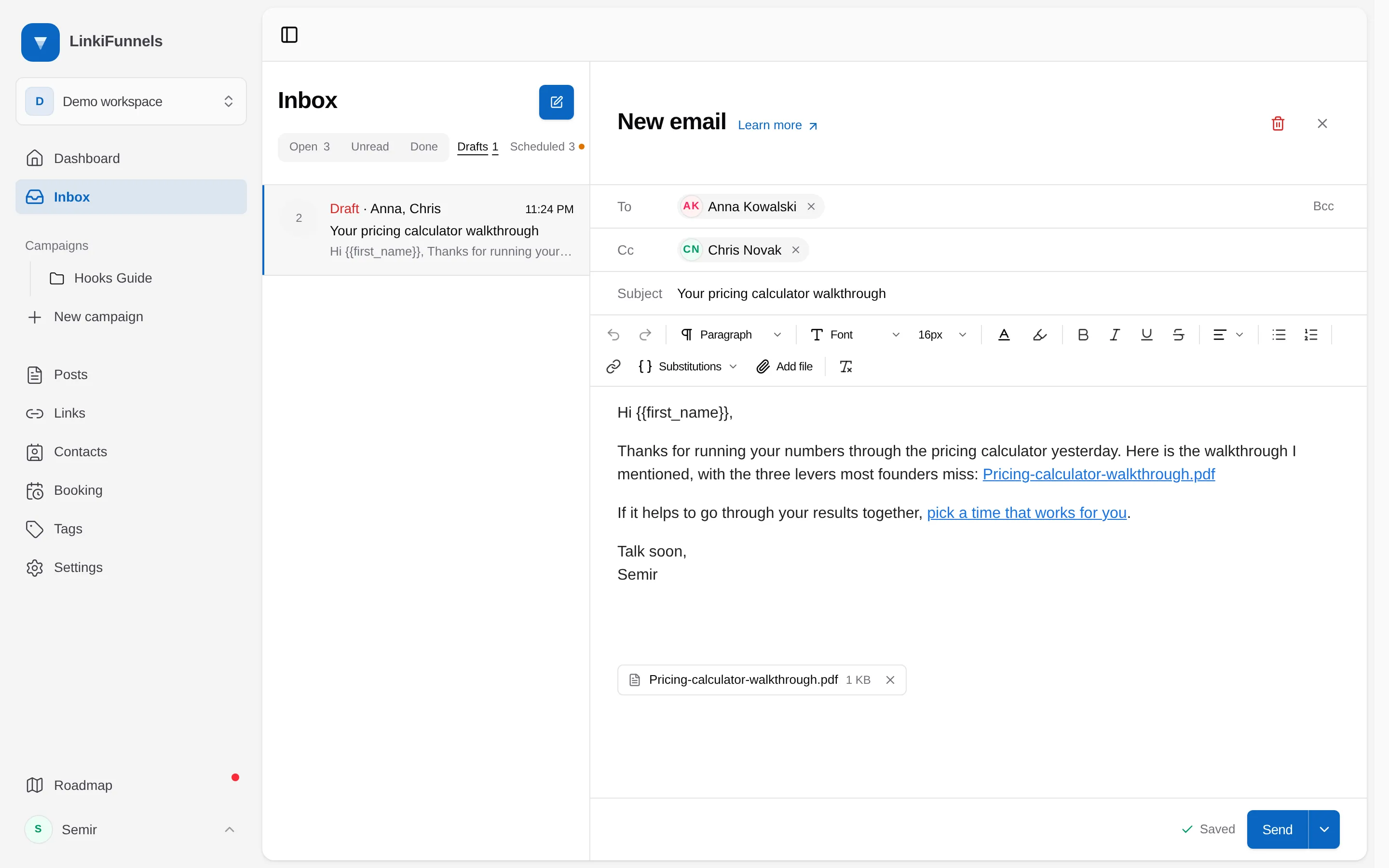 The new email composer with the To field, Substitutions, Add file, Send, and Send later marked