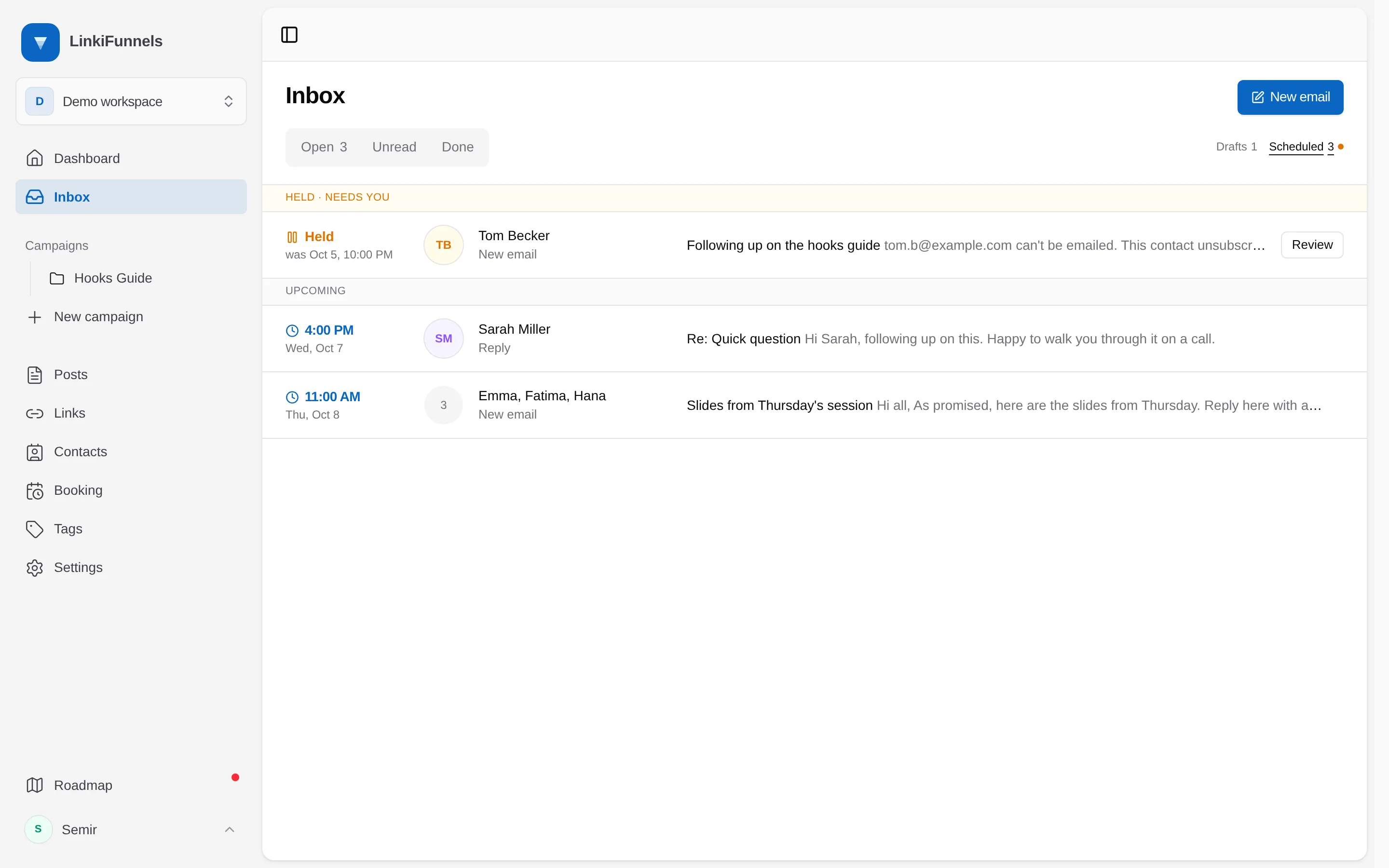 The Scheduled list with a held email and its Review button marked