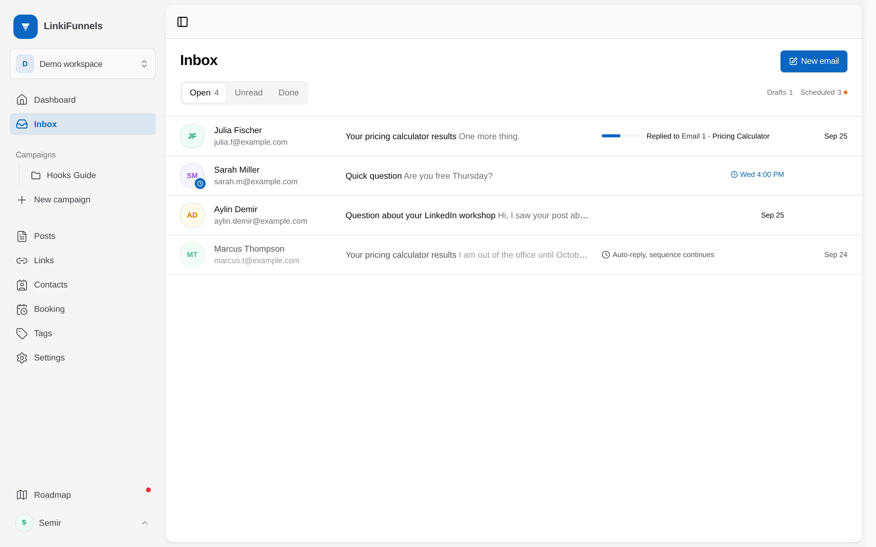 The Inbox list with the Open filter and the sequence bar under a conversation marked