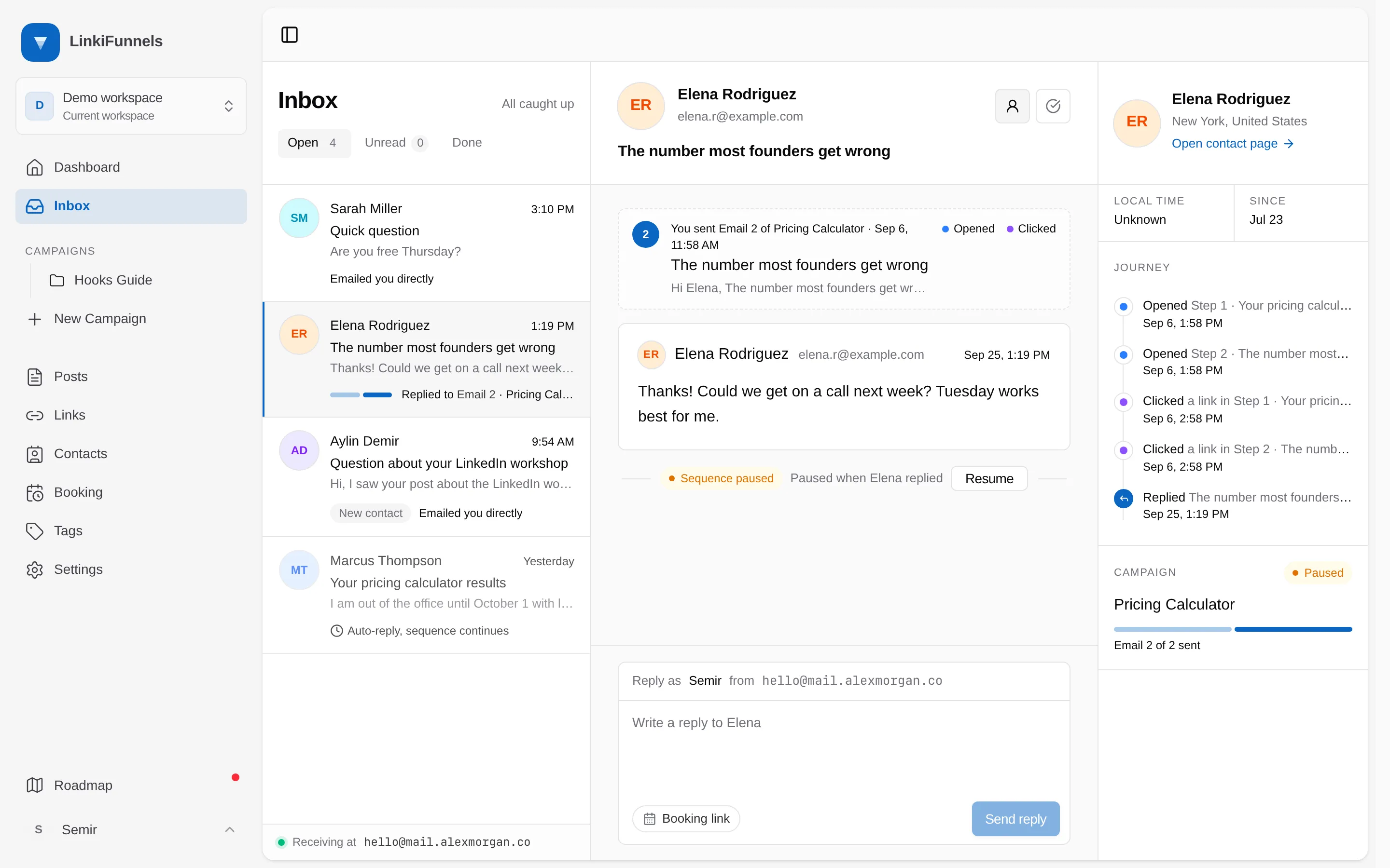 A conversation with the sent email card, the paused sequence, and the journey panel marked