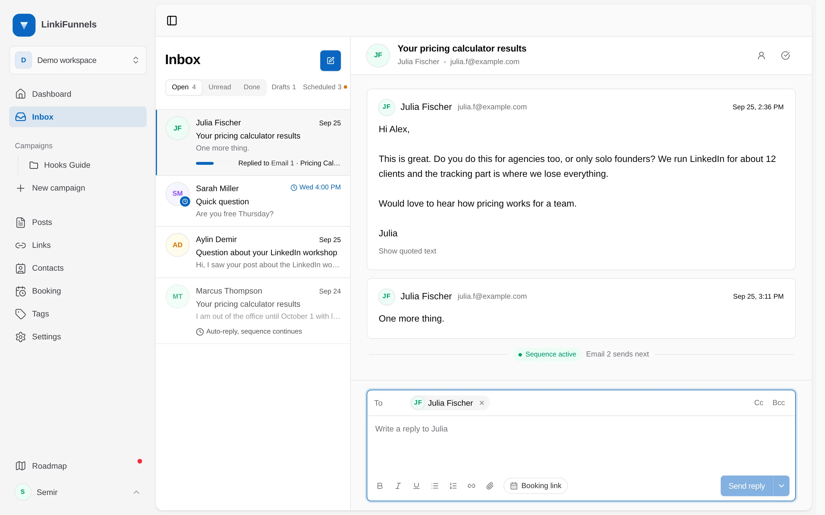 The open reply box with the Bcc field, the Booking link button, Send reply, and the scheduling arrow marked