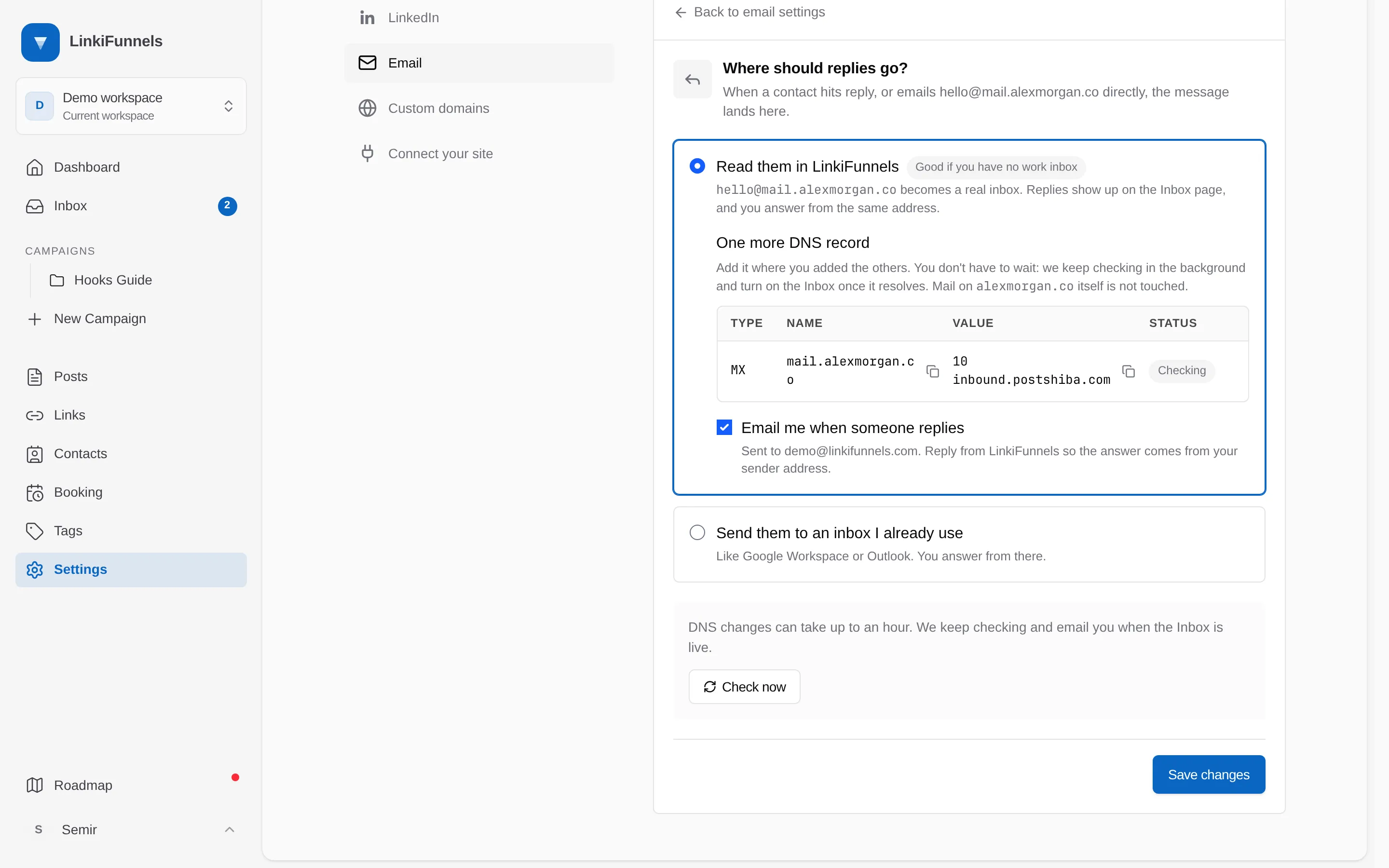 The Replies choice with Read them in LinkiFunnels selected, the MX record, and the notification checkbox marked