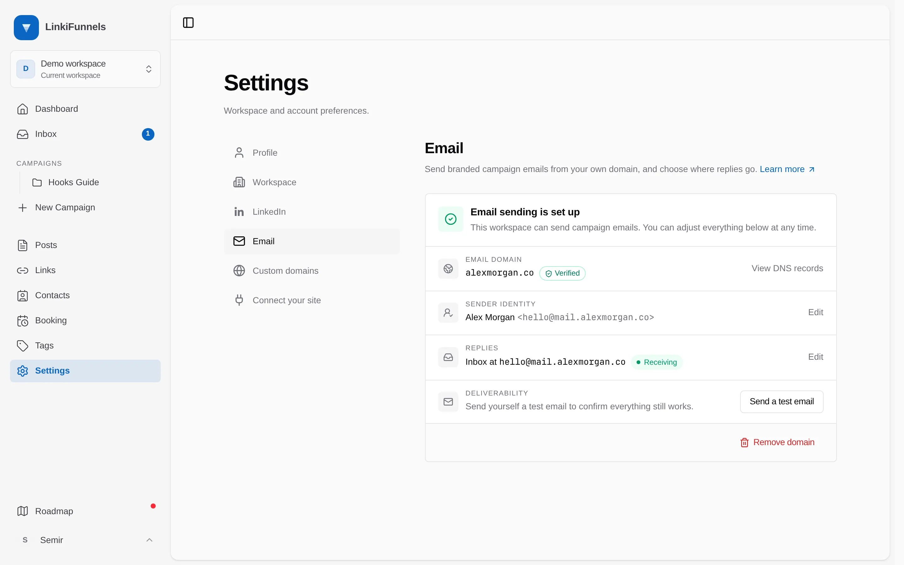 The Email settings overview with the Replies row showing Receiving marked