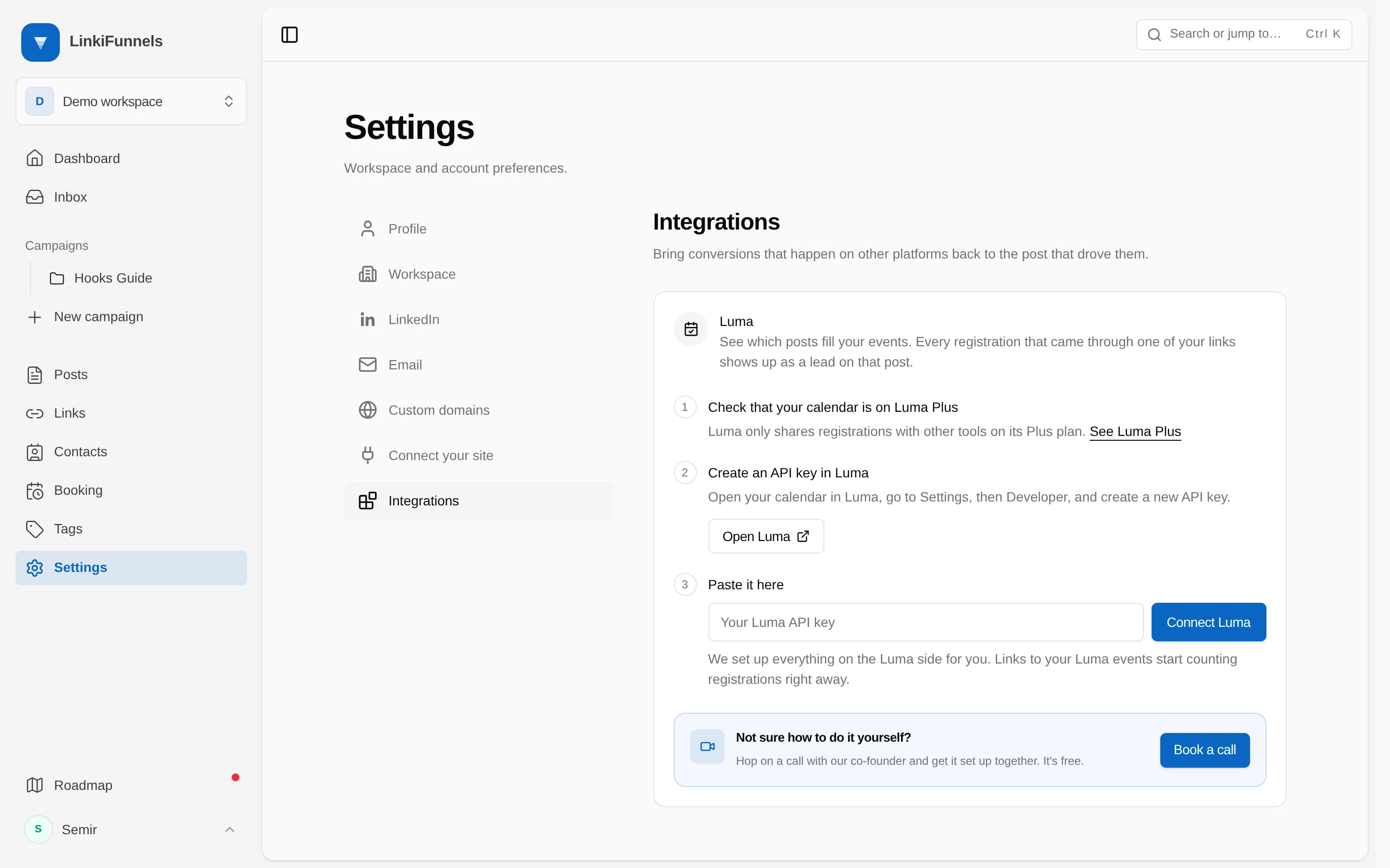The Integrations settings page with the three Luma setup steps, the Open Luma button, the API key field and the Connect Luma button marked
