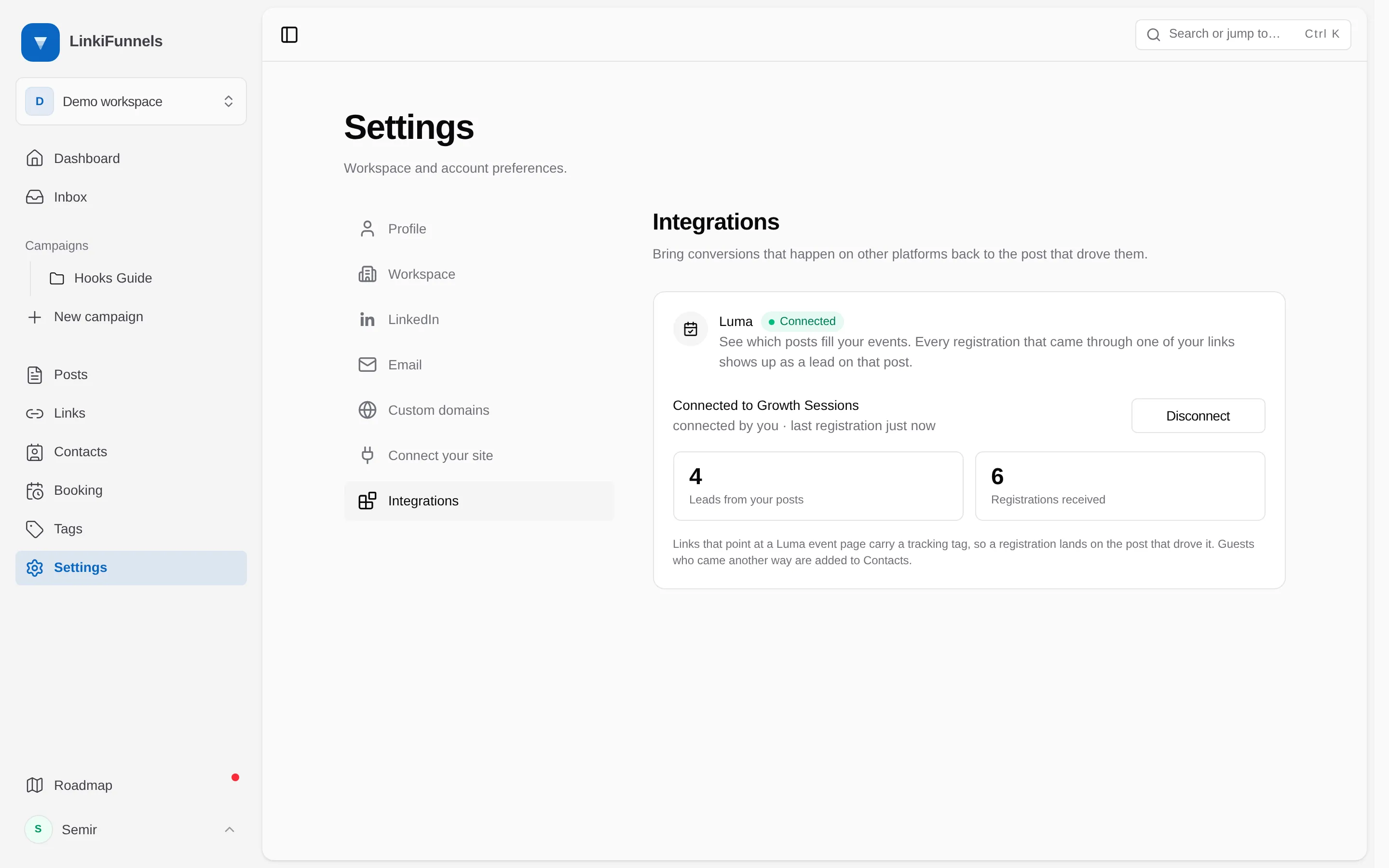 The Luma card in the connected state, with leads from your posts and registrations received