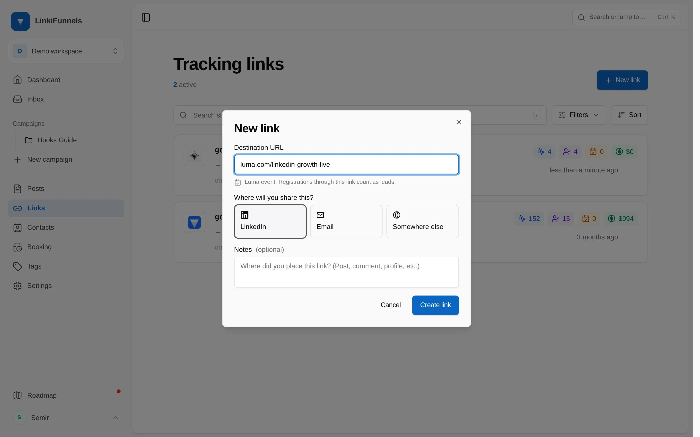 The New link dialog with a Luma event URL and the note that registrations through this link count as leads