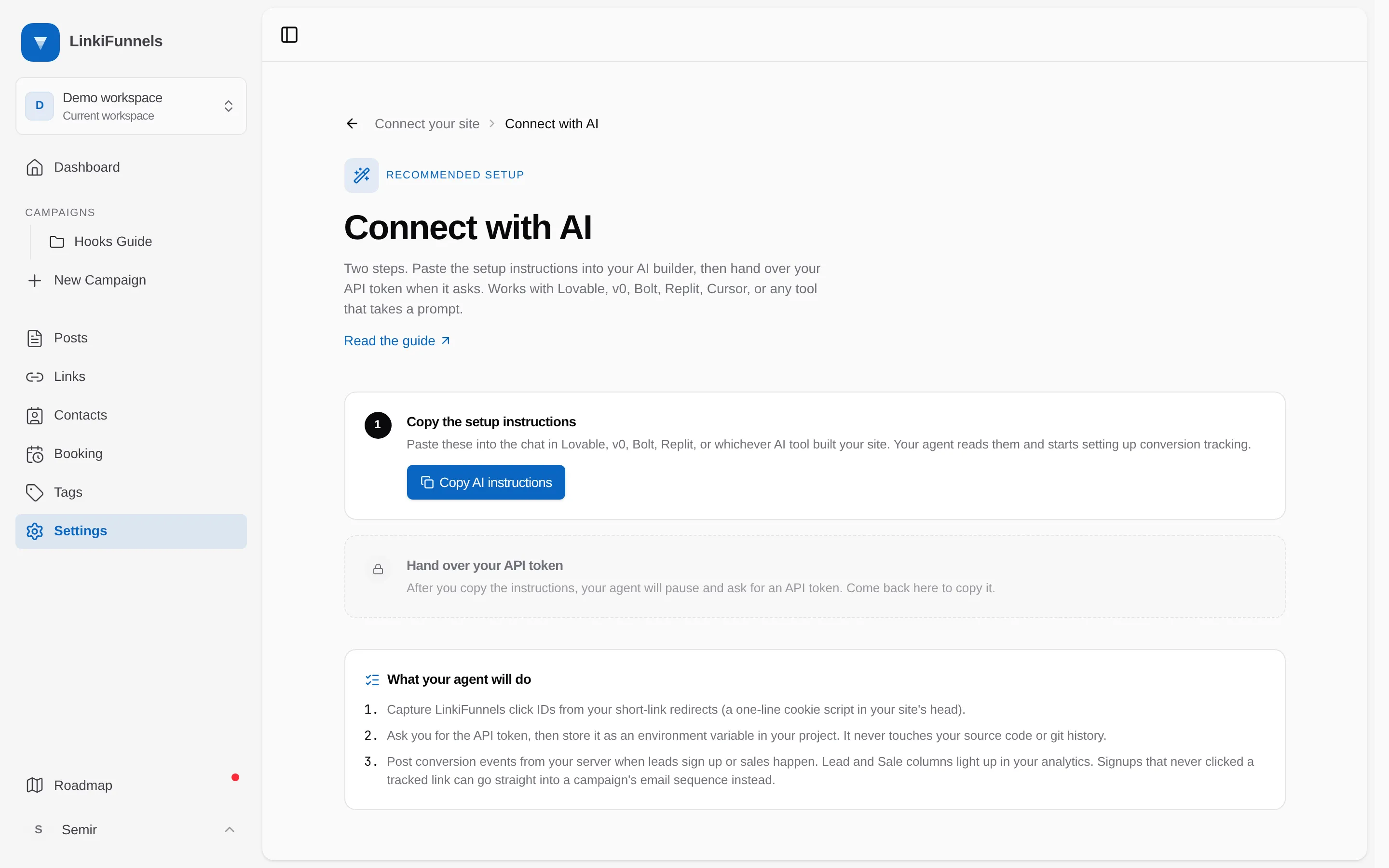 The Connect with AI page with the Copy AI instructions button marked