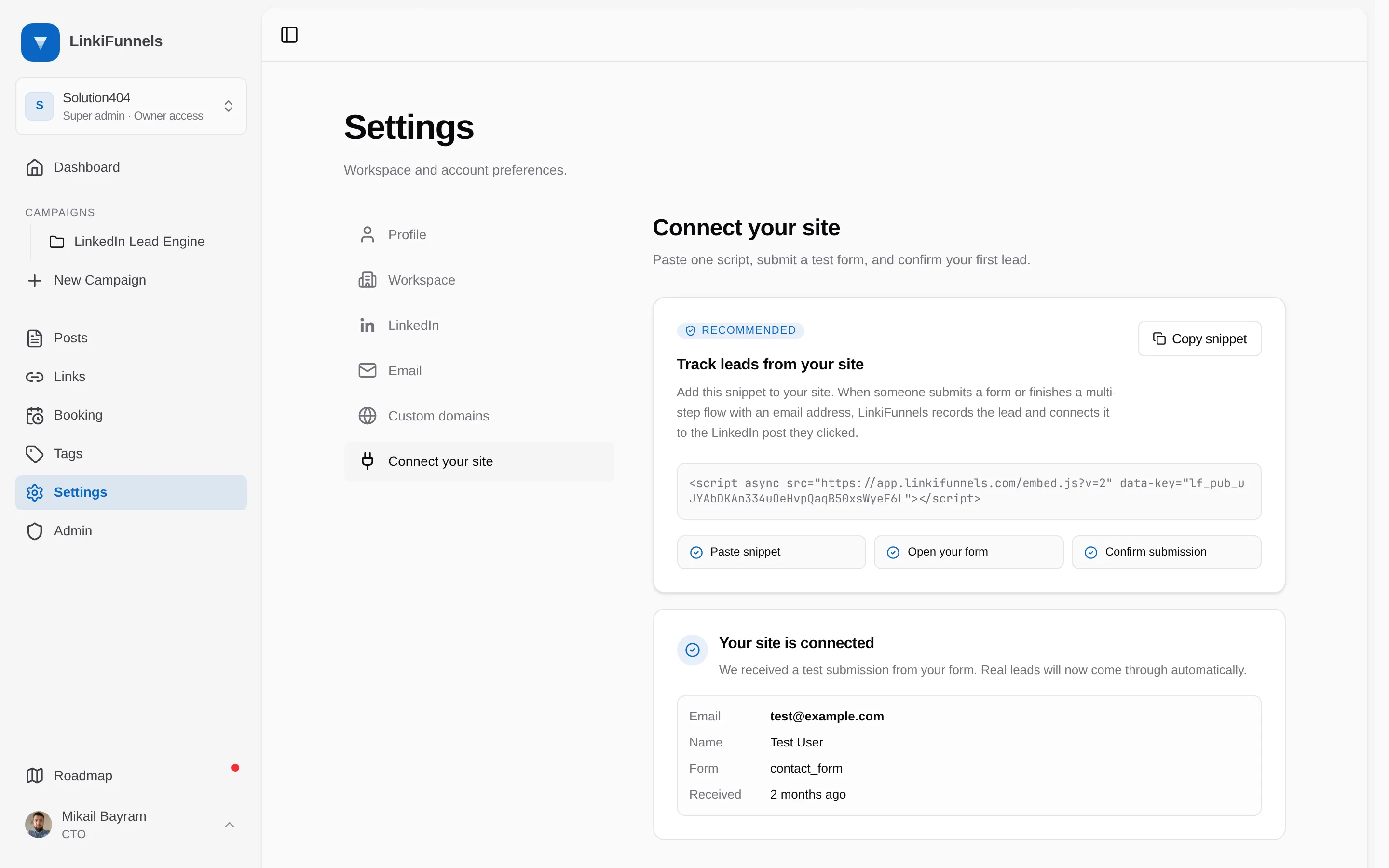 Settings, Connect your site, with the Copy pixel button marked