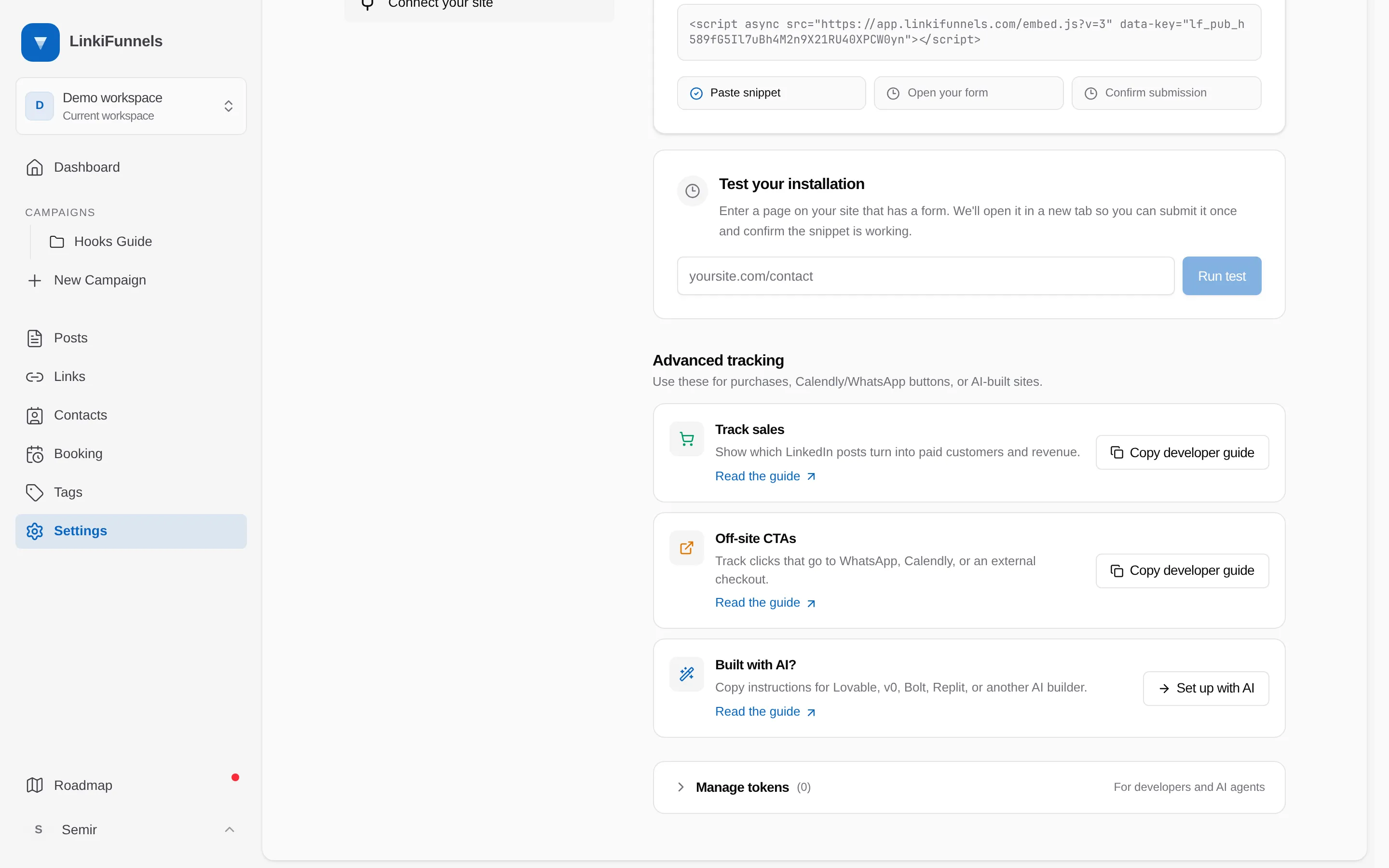 The Advanced tracking section on Connect your site with the Off-site CTAs card's Copy developer guide button marked