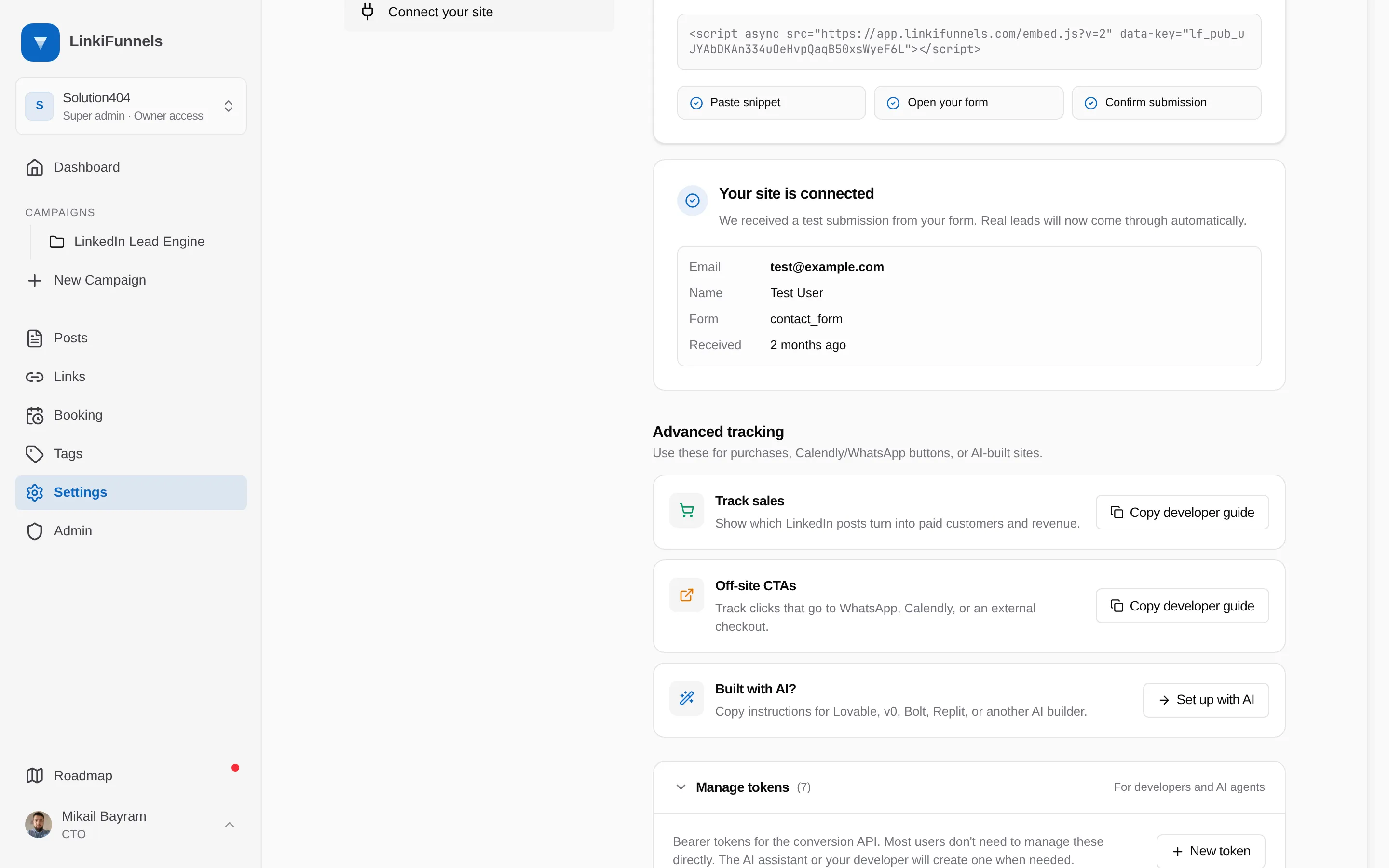 The Manage tokens panel with the New token dialog open