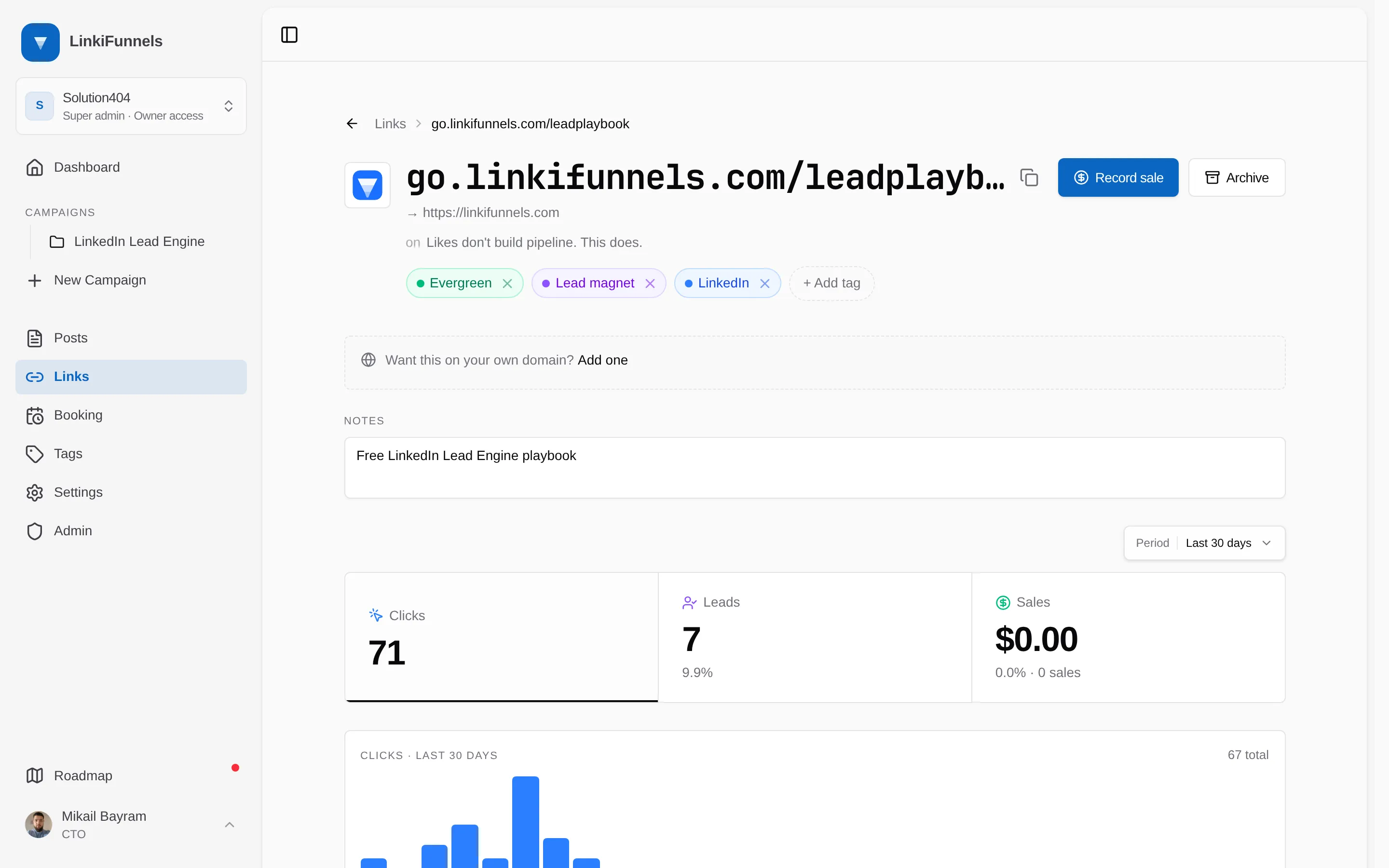 A link page with the clicks chart and breakdown cards