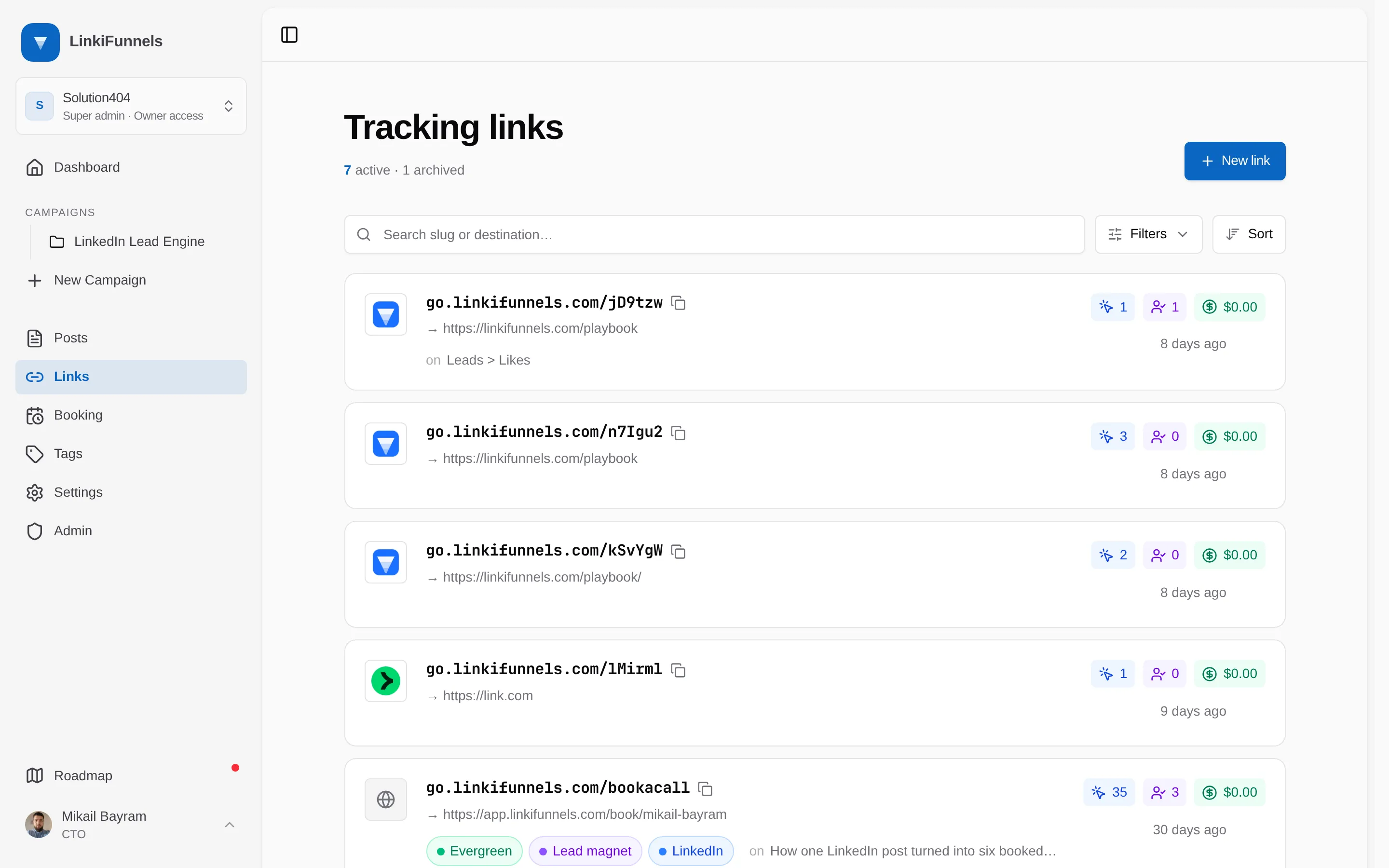 The Links page with the New link button marked