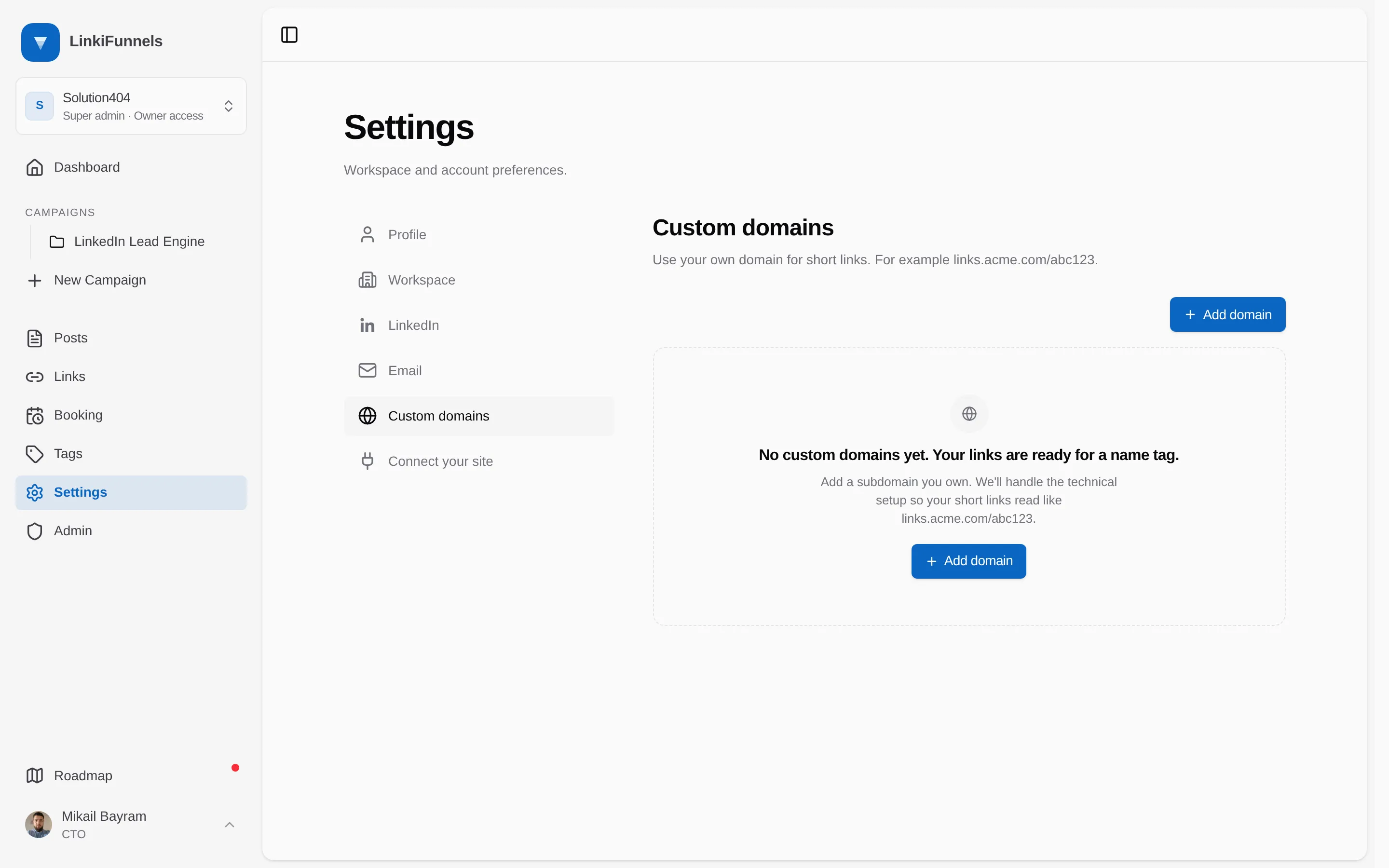 Settings, Custom domains, with the Add domain button marked