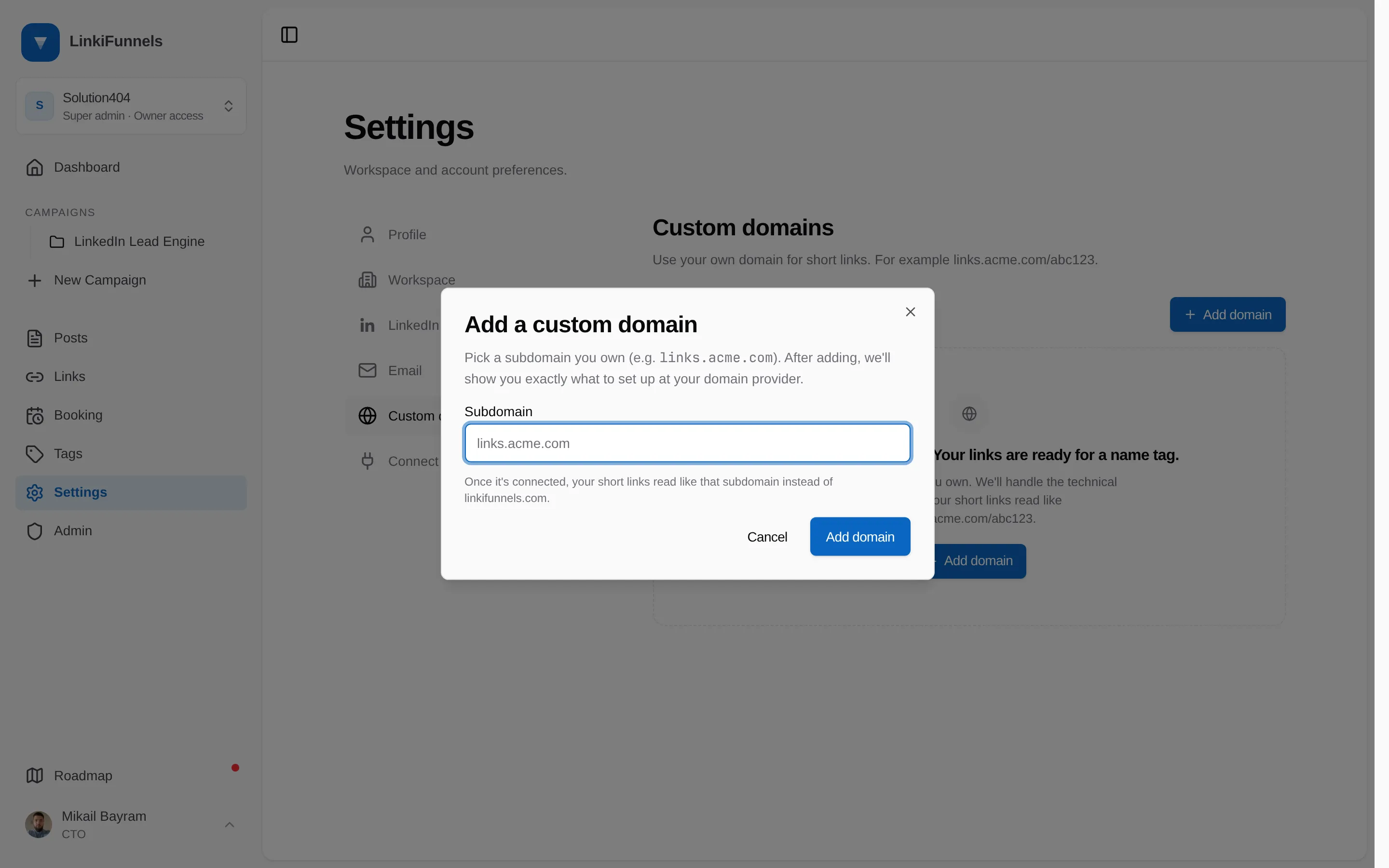 The Add a custom domain dialog with the subdomain field and the Add domain button marked