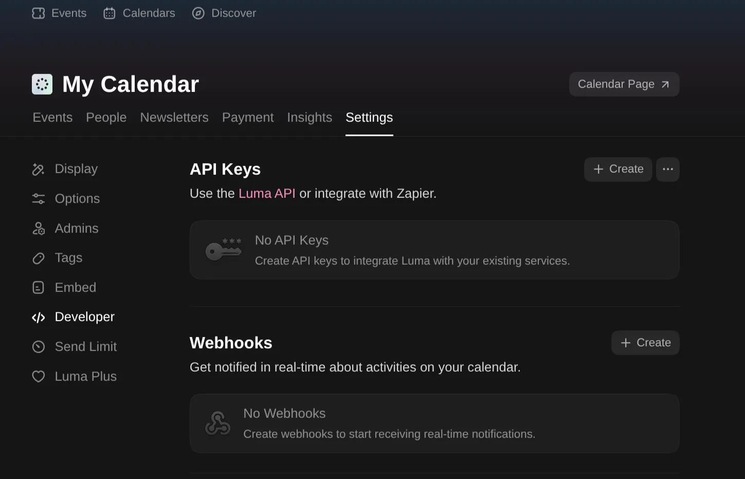 Luma calendar settings on the Developer tab, with Developer and the API Keys Create button marked