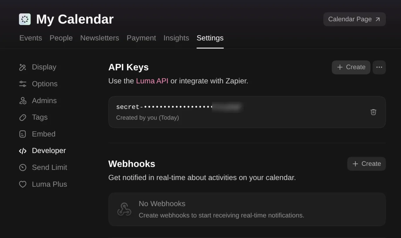 The Developer tab in Luma with a new API key in the list, marked