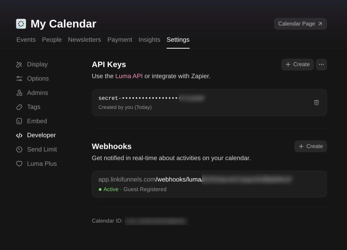 Luma's Developer tab showing the LinkiFunnels webhook, active for Guest Registered