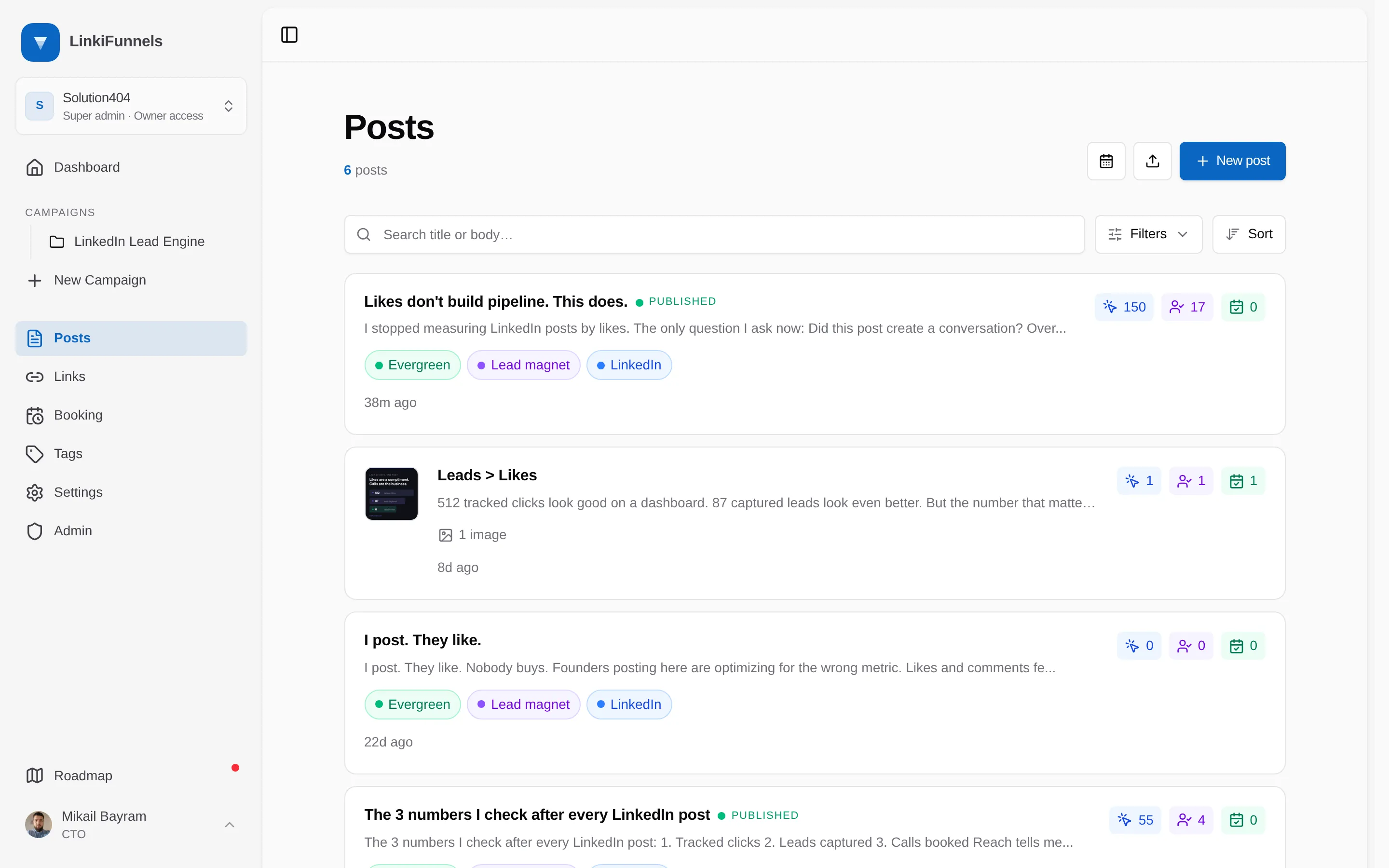 The Posts page with the Import posts icon marked
