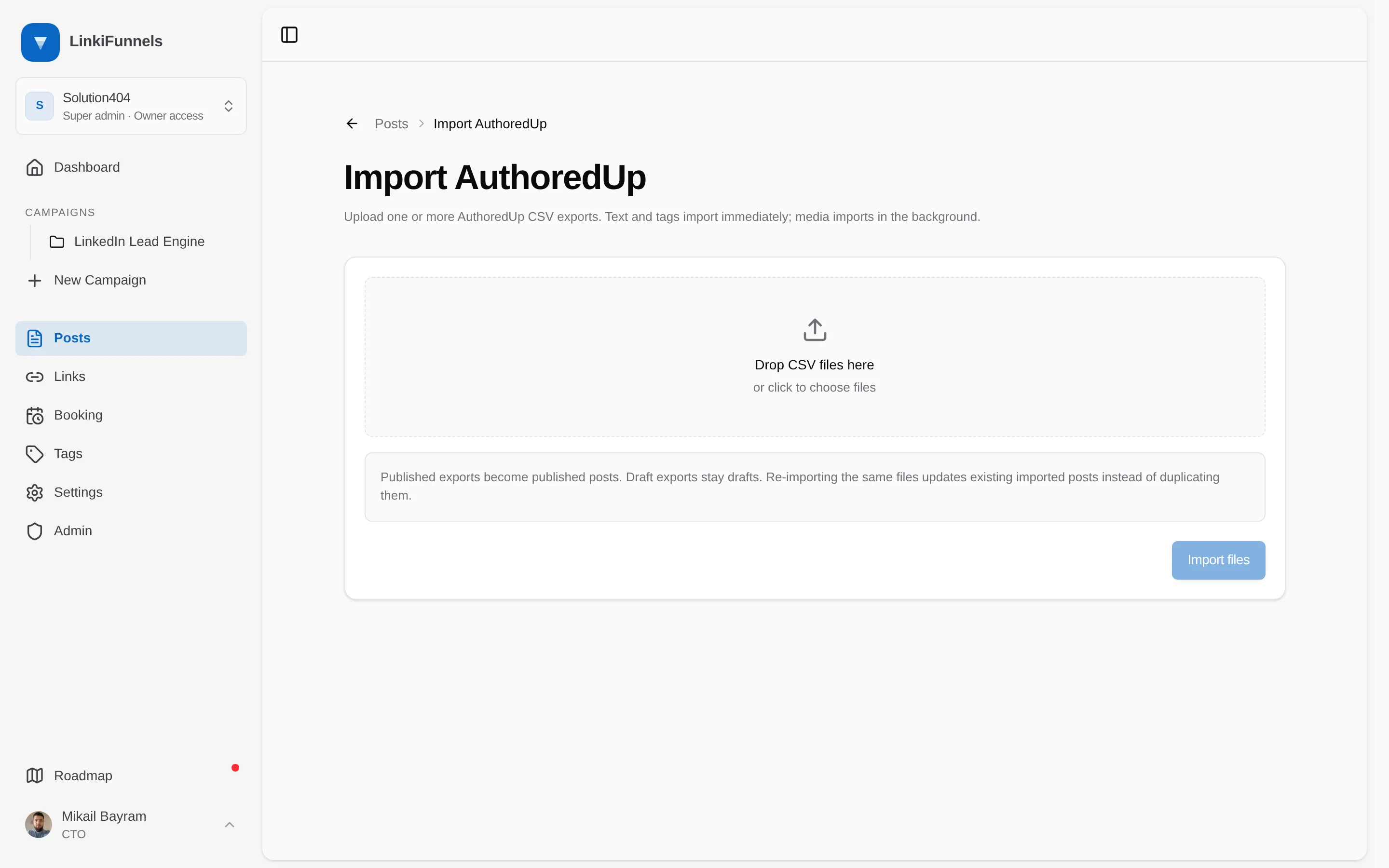 The Import AuthoredUp page with the file picker and the Import files button marked