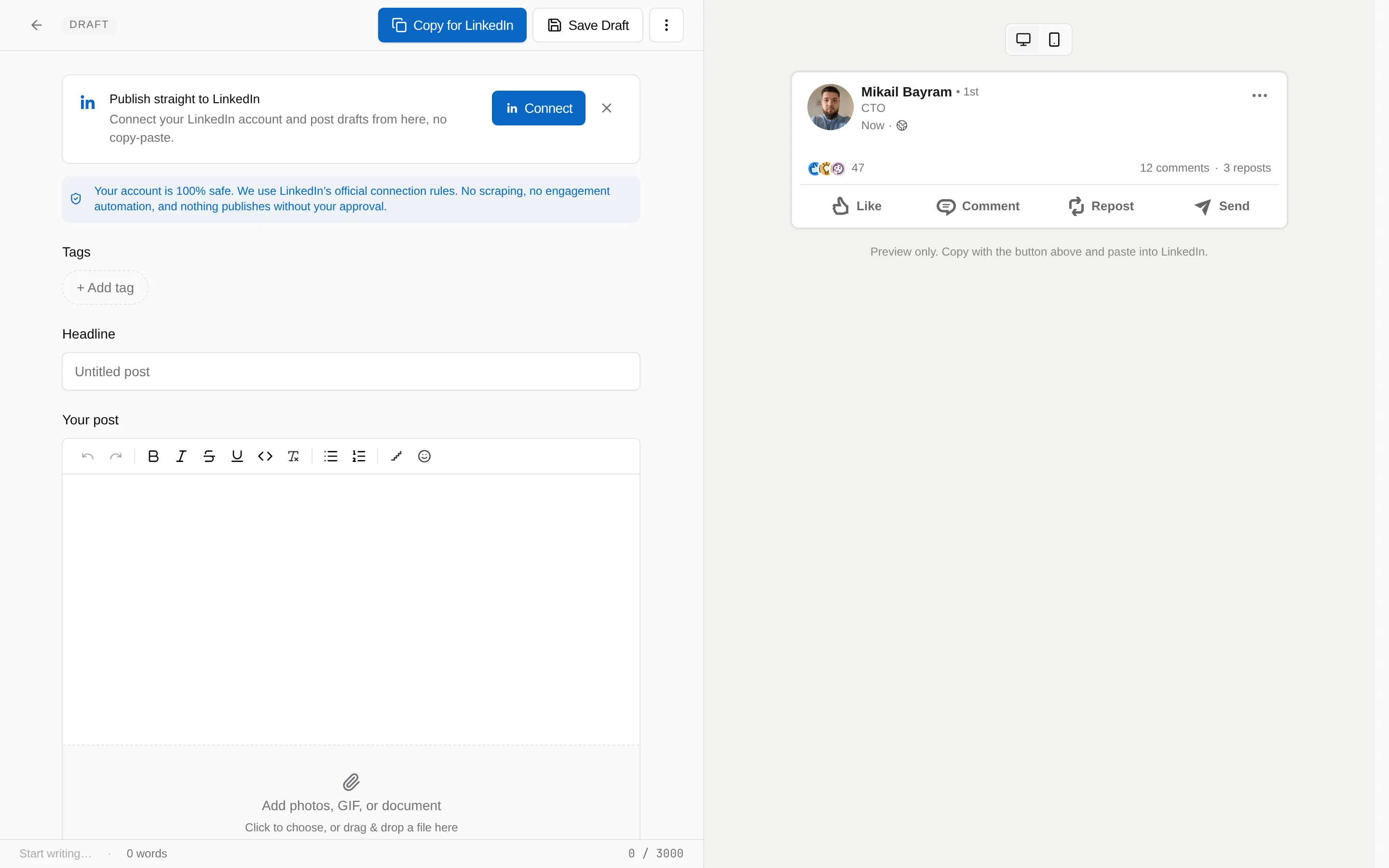 The composer top bar with the Copy for LinkedIn button marked