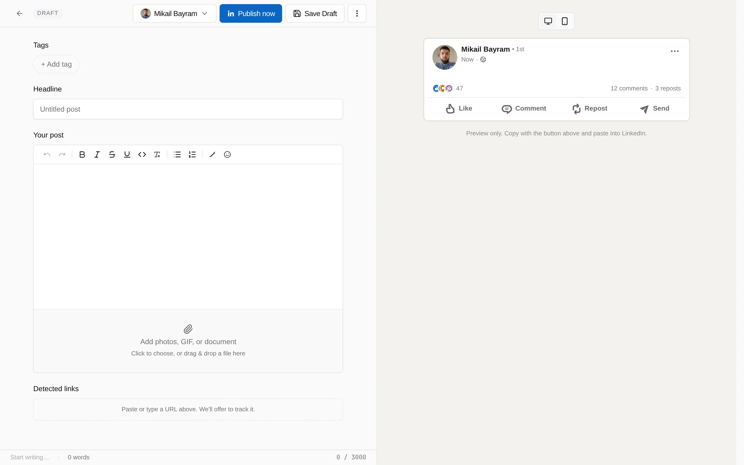 The composer top bar with the account menu and the Publish now button marked