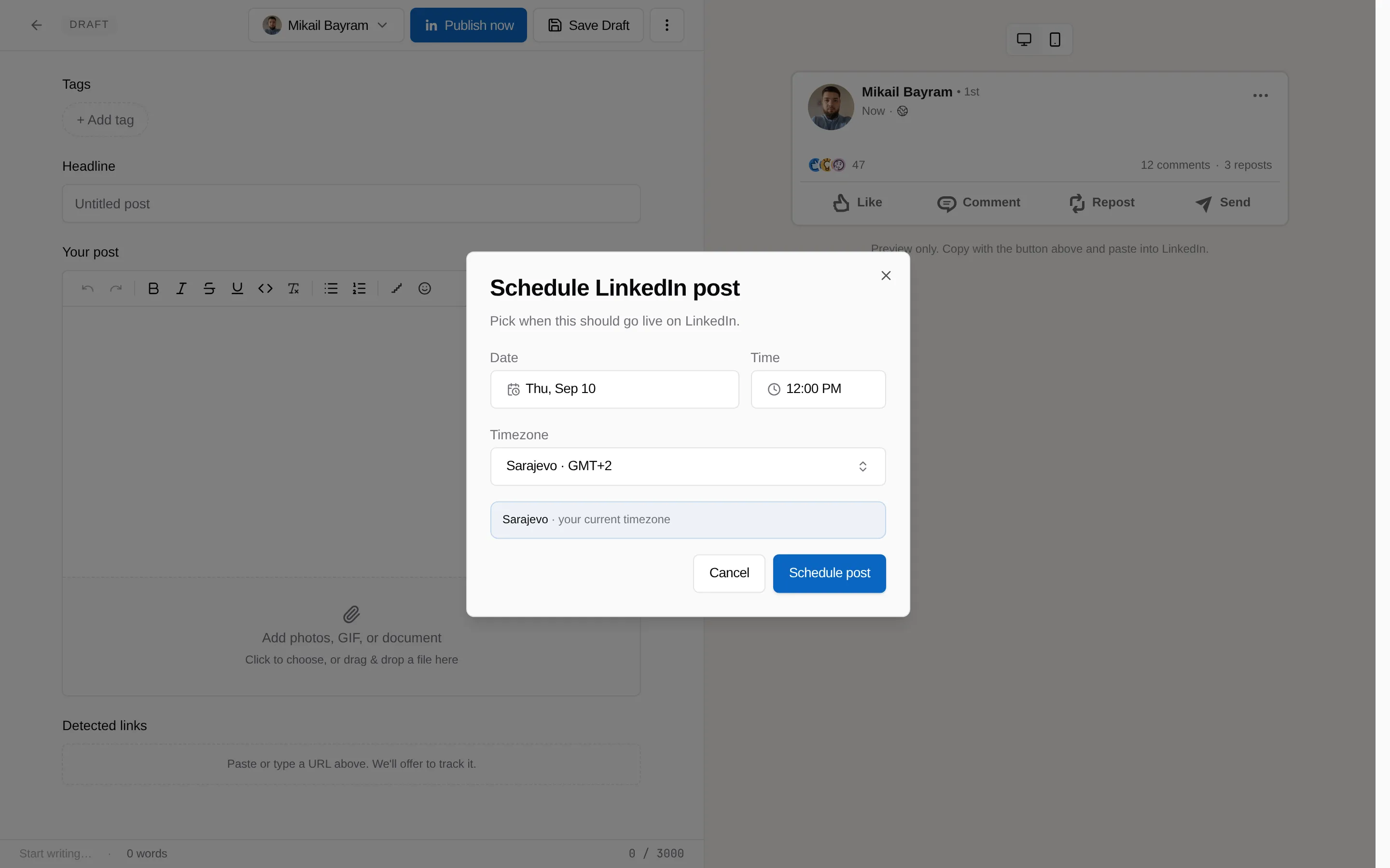 The Schedule LinkedIn post dialog with the date field and the Schedule button marked