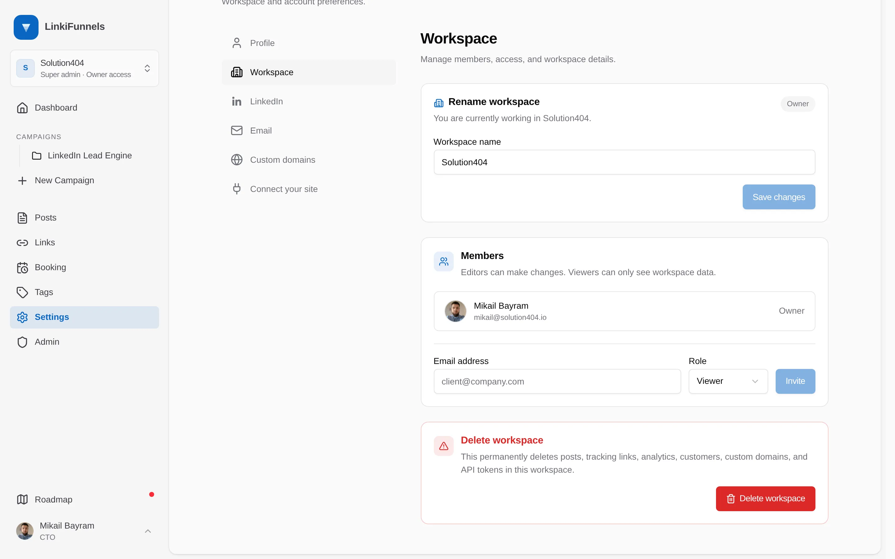 Workspace settings scrolled to the Delete workspace card with the button marked