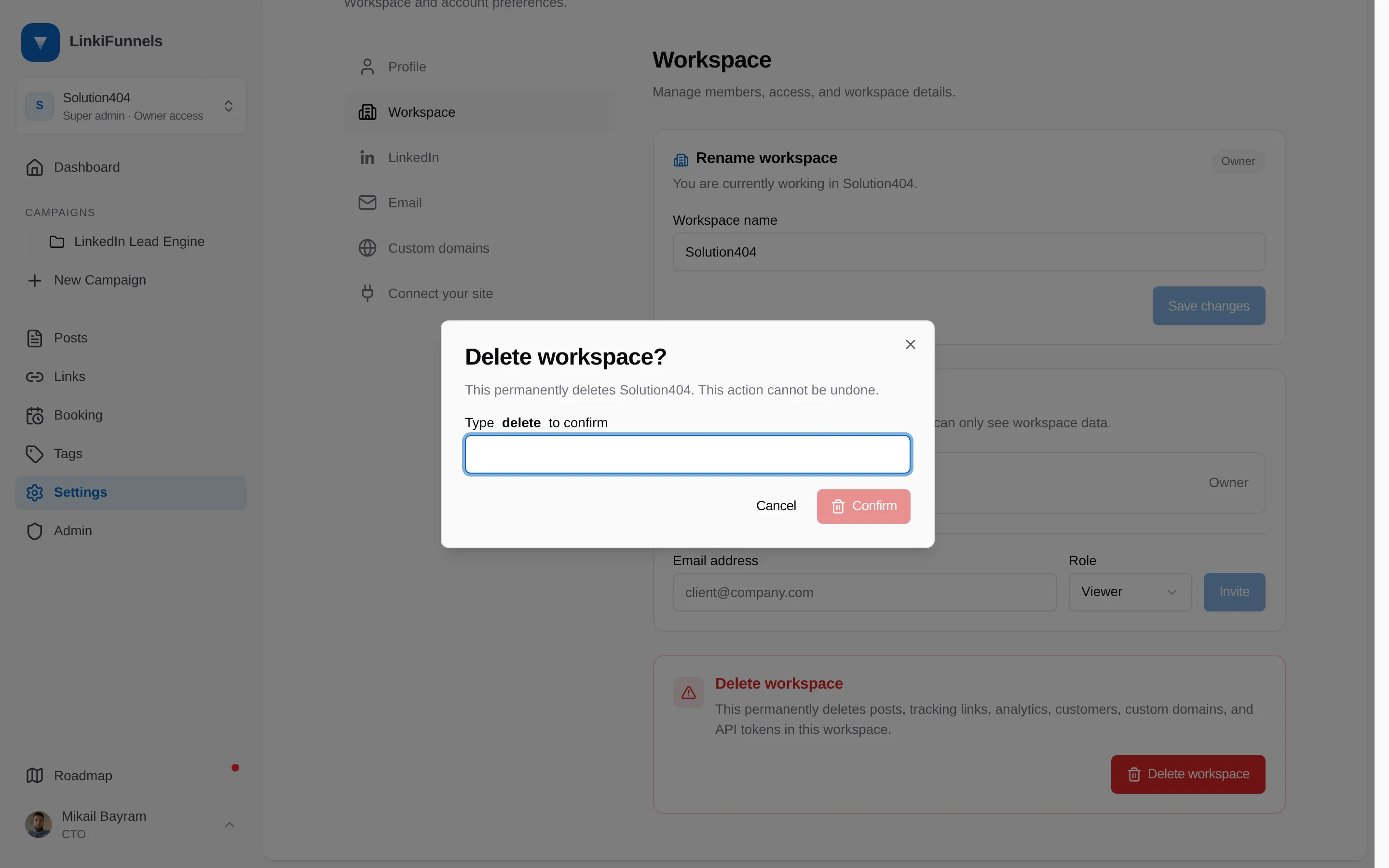 The Delete workspace confirmation dialog with the confirmation field marked