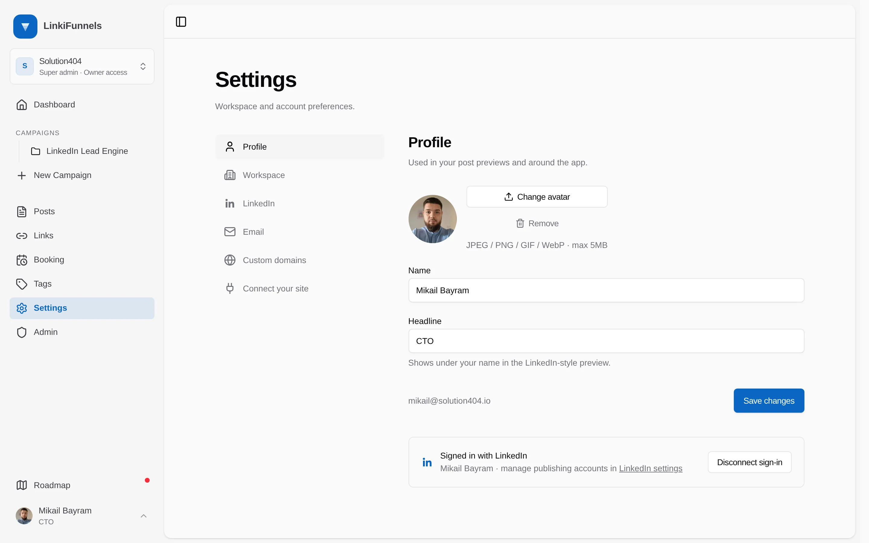 Profile settings with the avatar button, the name field, and the headline field marked